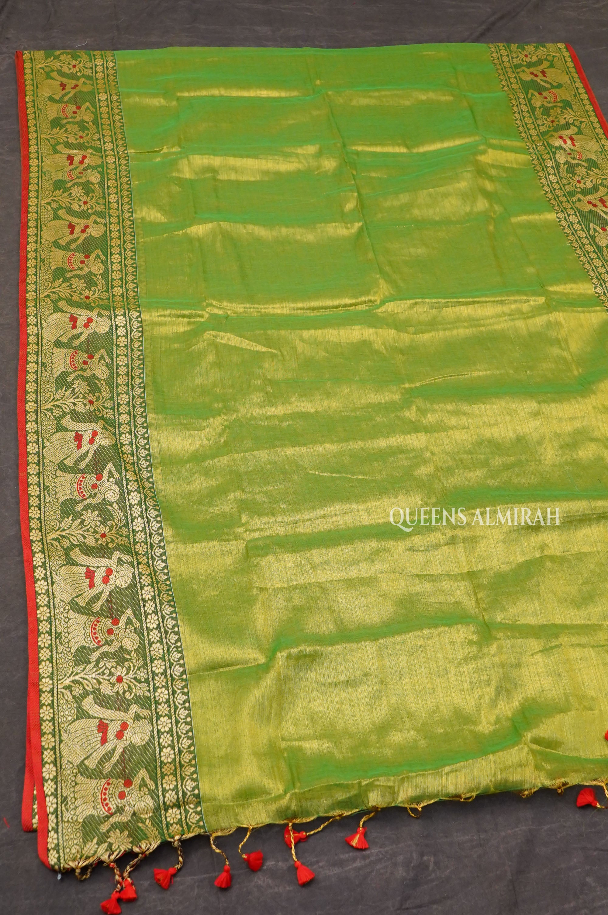 Green Linen Tissue Saree With Bomkai Border