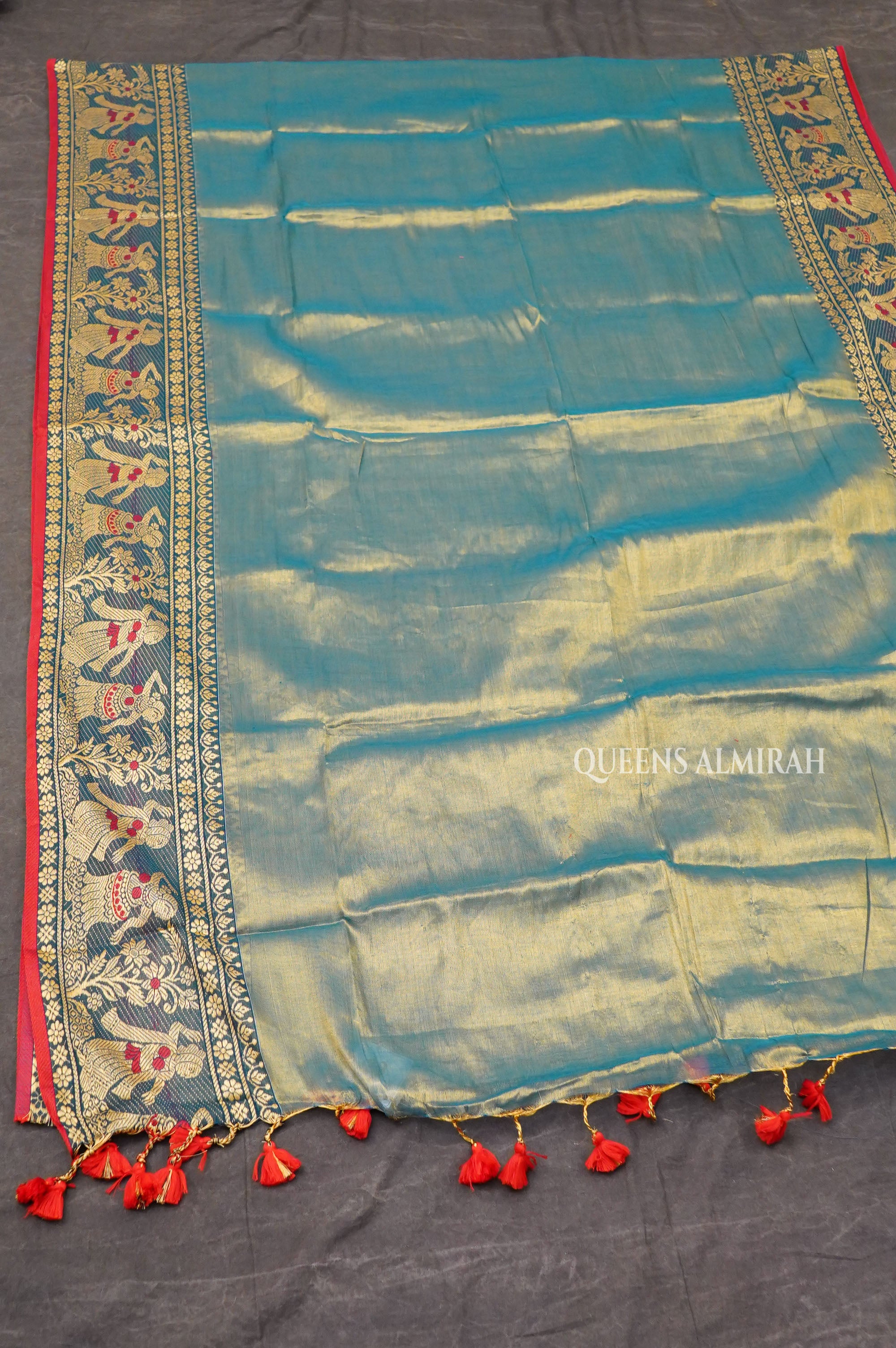 Sky Blue Linen Tissue Saree With Bomkai Border