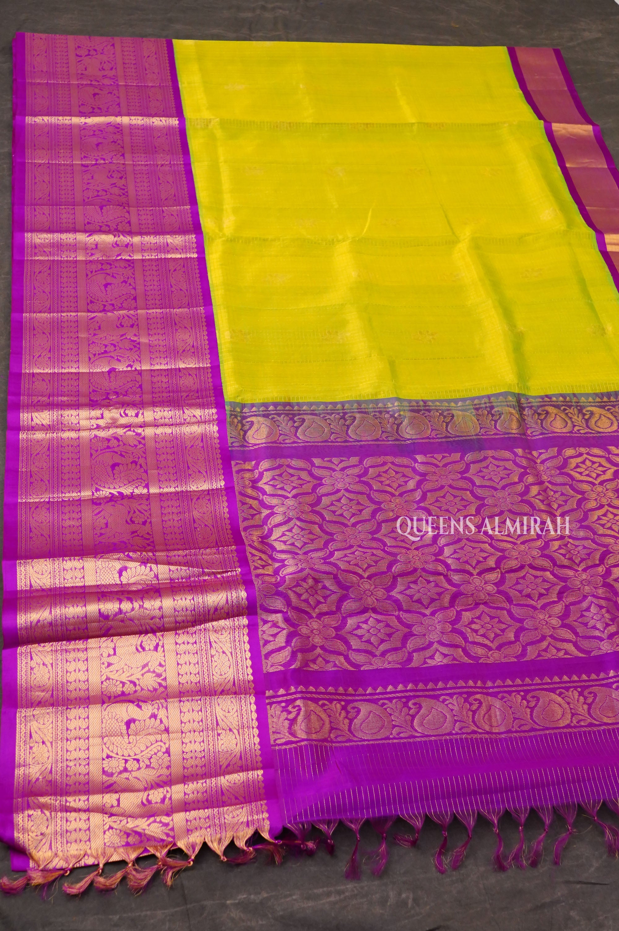 Parrot  Green With Purple Long And Short Border Pure Silk Cotton Saree