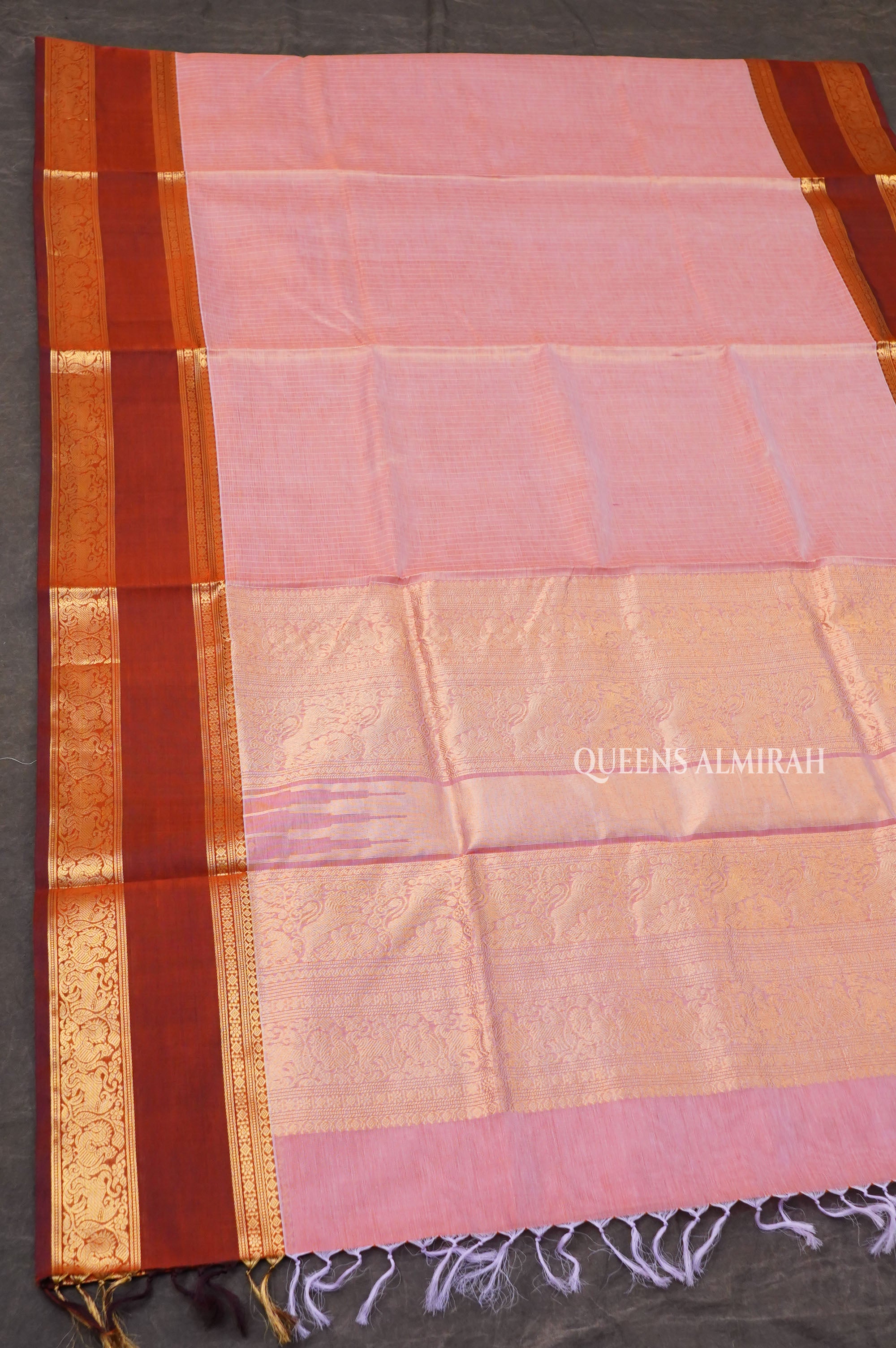 Coral Peach With Dark Honeycomb Payadi Chettinad Silk Cotton Saree