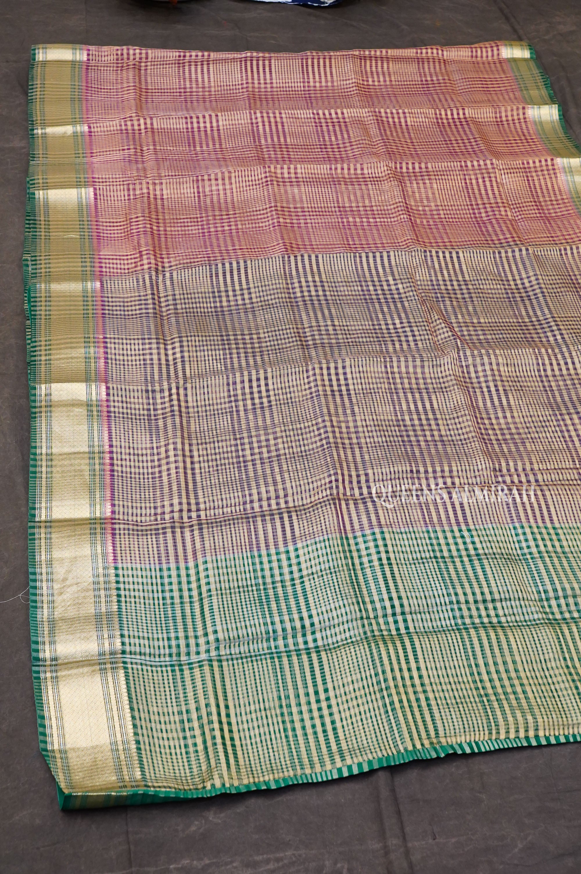 Brown Checks With Green Border Chanderi Katan Silk Handloom Saree