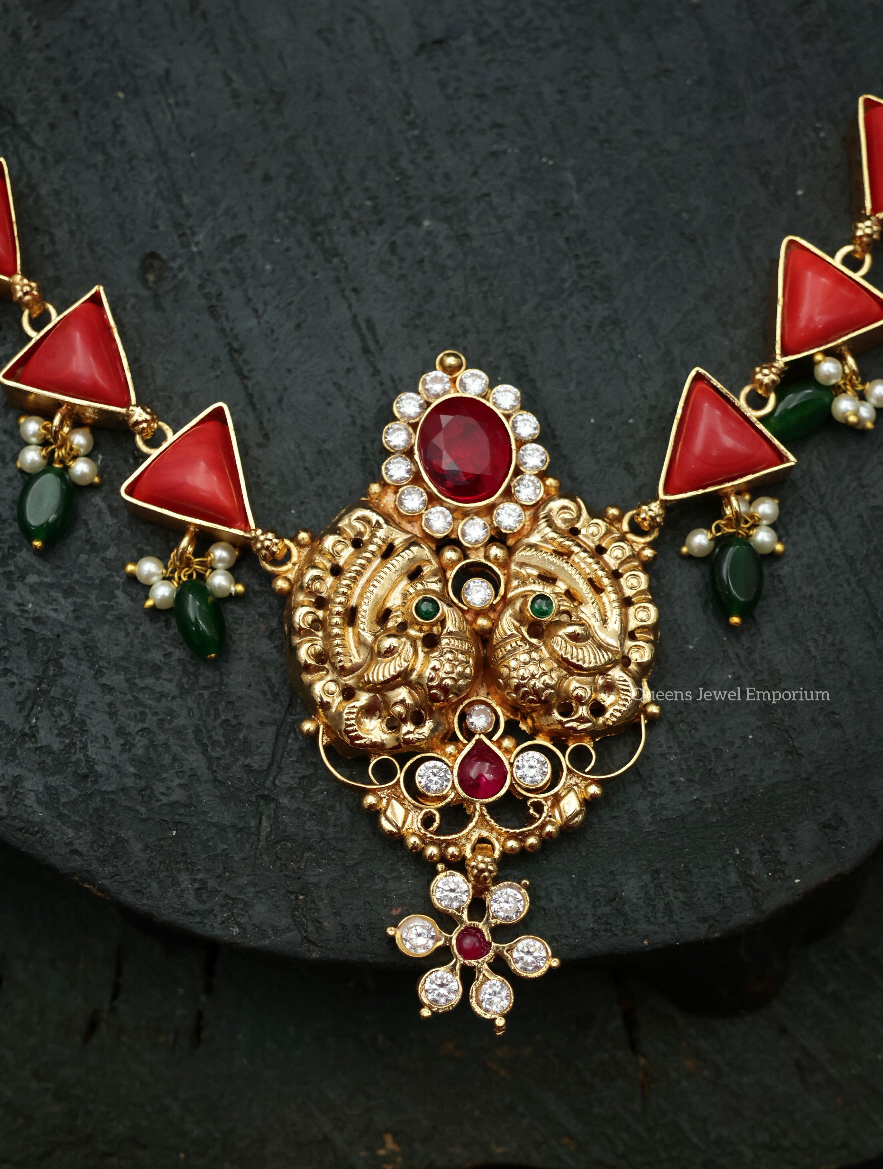 Nagas peacock design pendant-Coral and zircon stone necklace