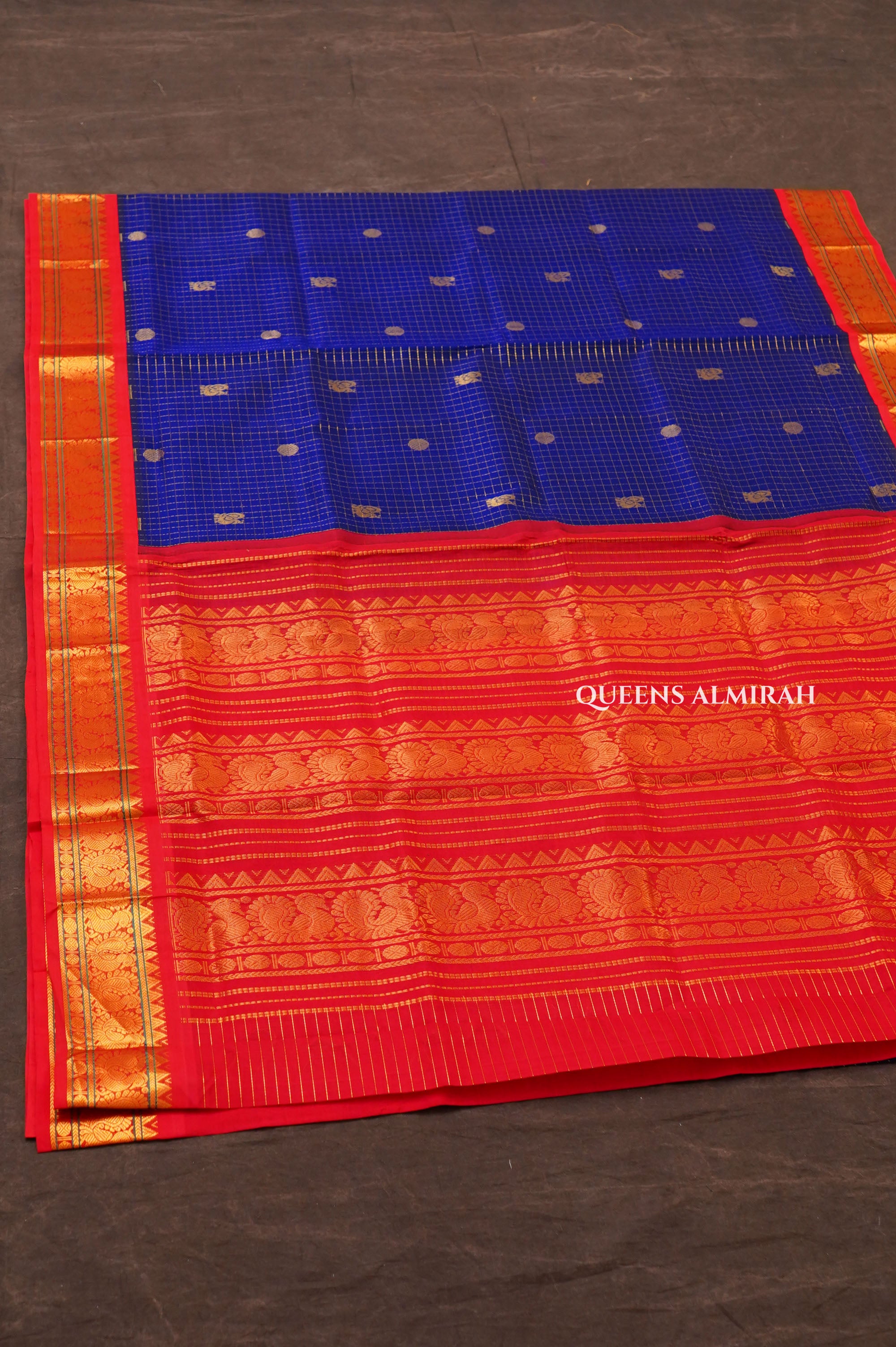 Ms Blue Kattam Butta With Red Pure Silk Cotton Saree