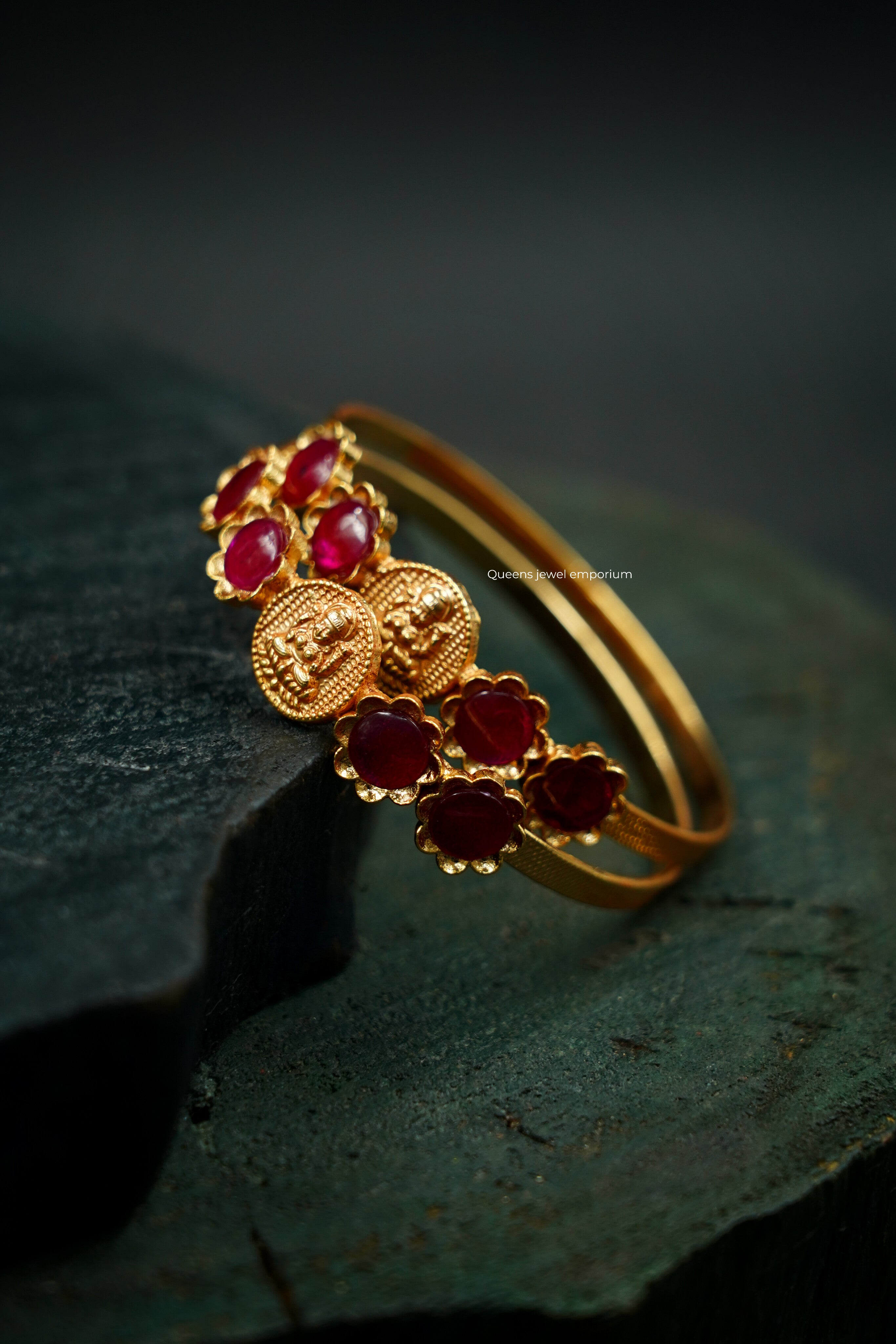 Kada with lakshmi motif-Grand bangle with red color stones