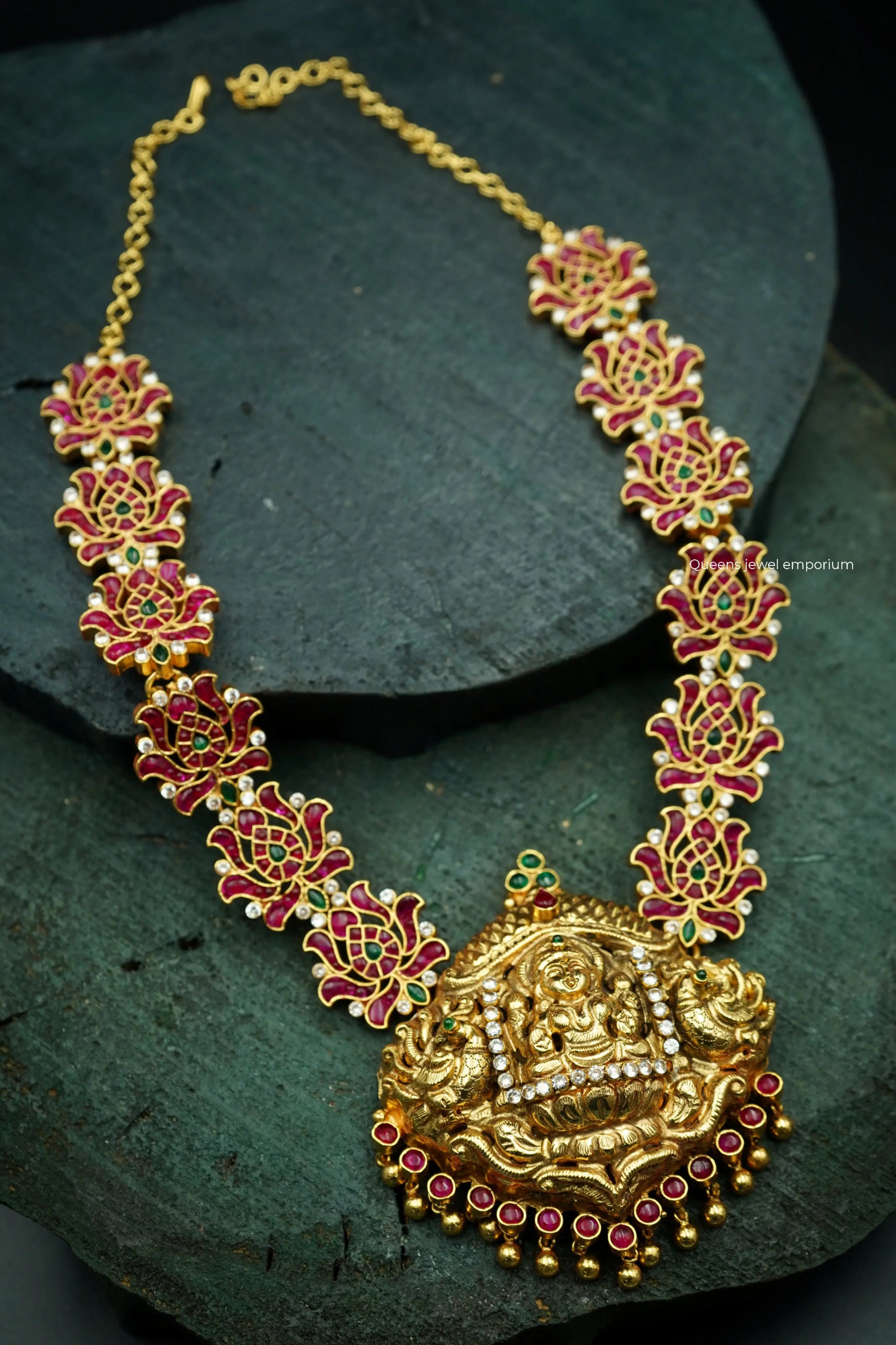 Temple jewellery-Lotus motif designed haram 