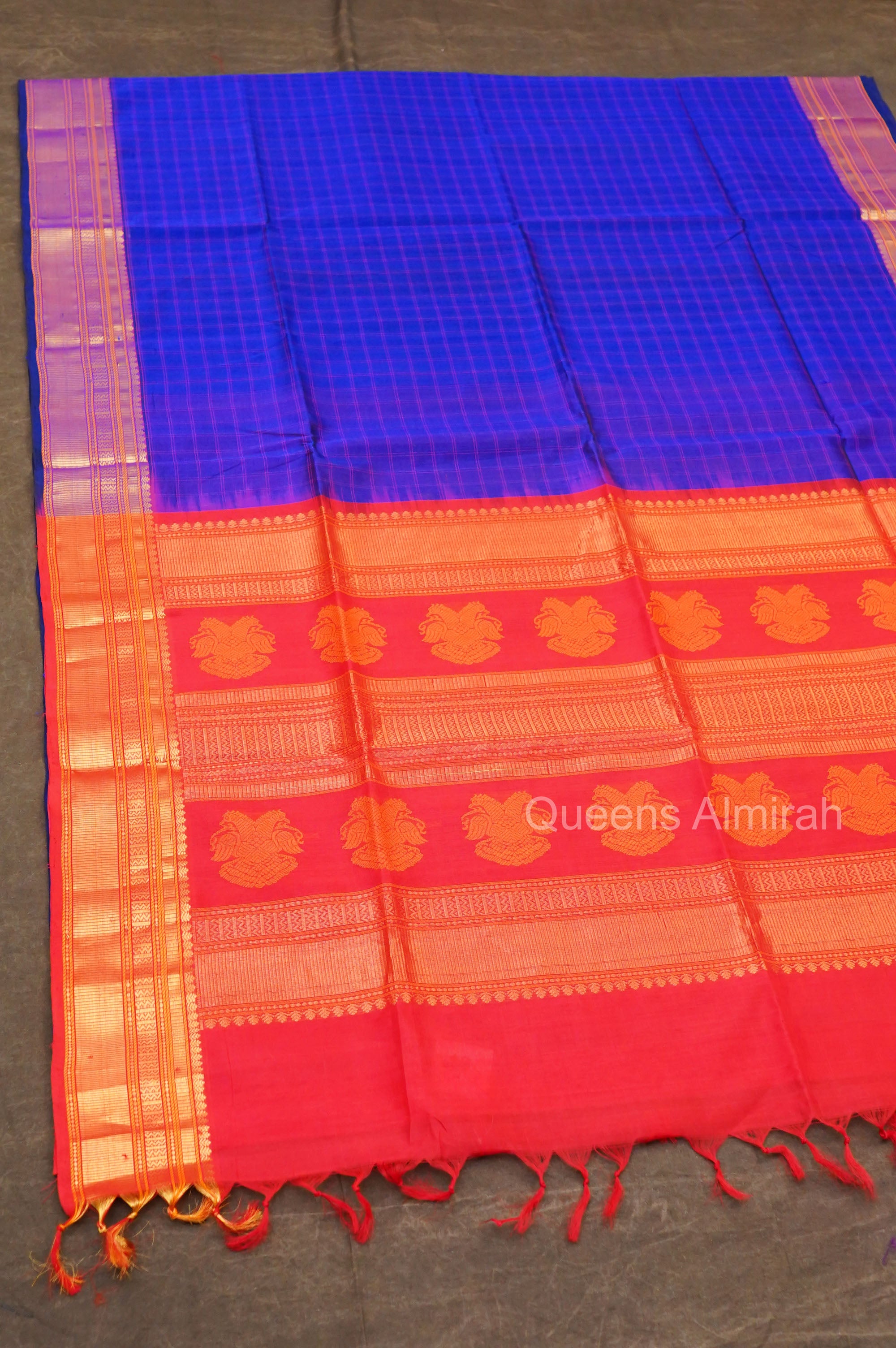Ms Blue Kattam With Red Pure Silk Cotton Saree
