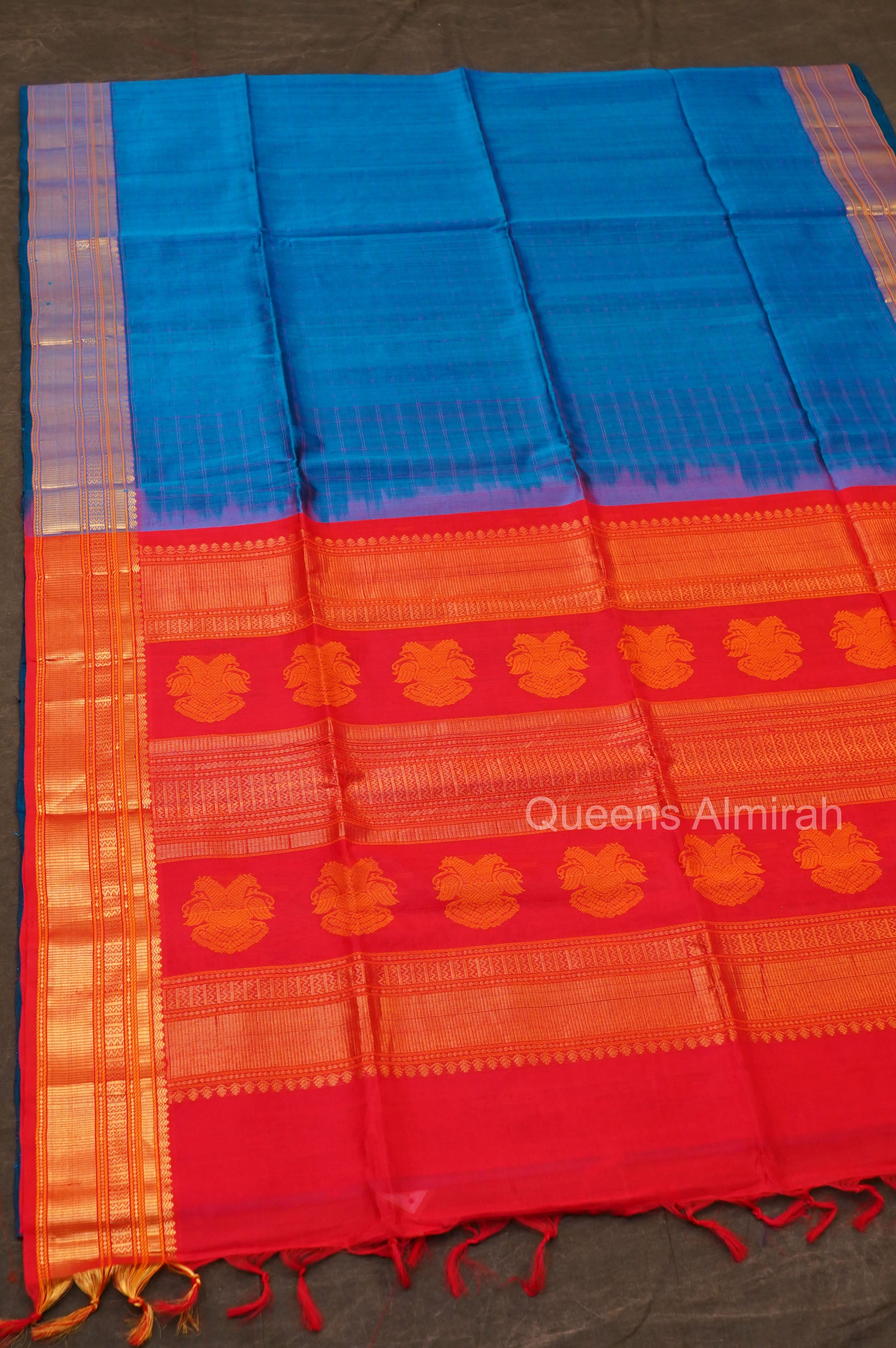 Blue With Red Pure Silk Cotton Saree