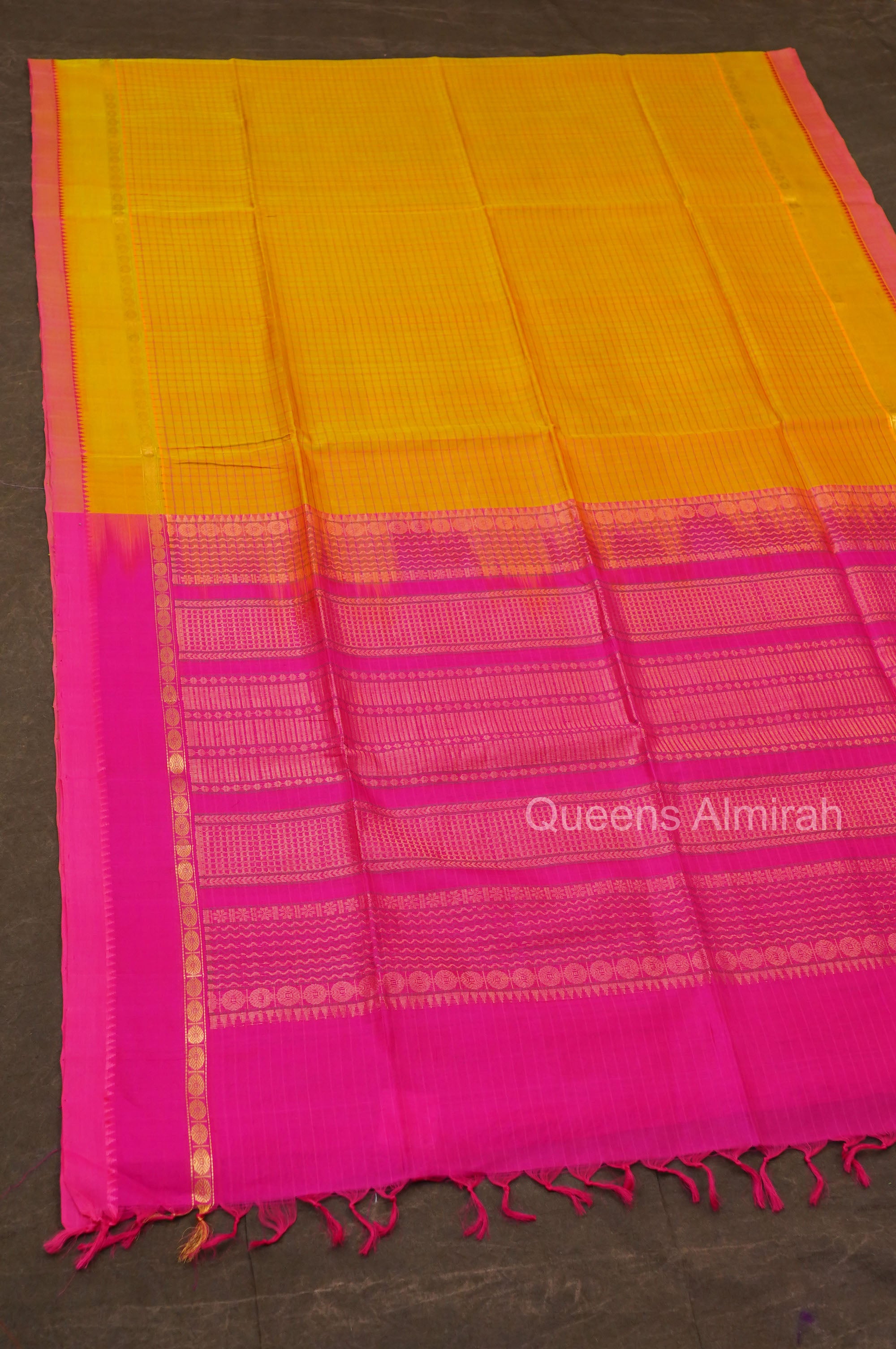 Mustard Yellow With Pink Pure Silk Cotton Saree