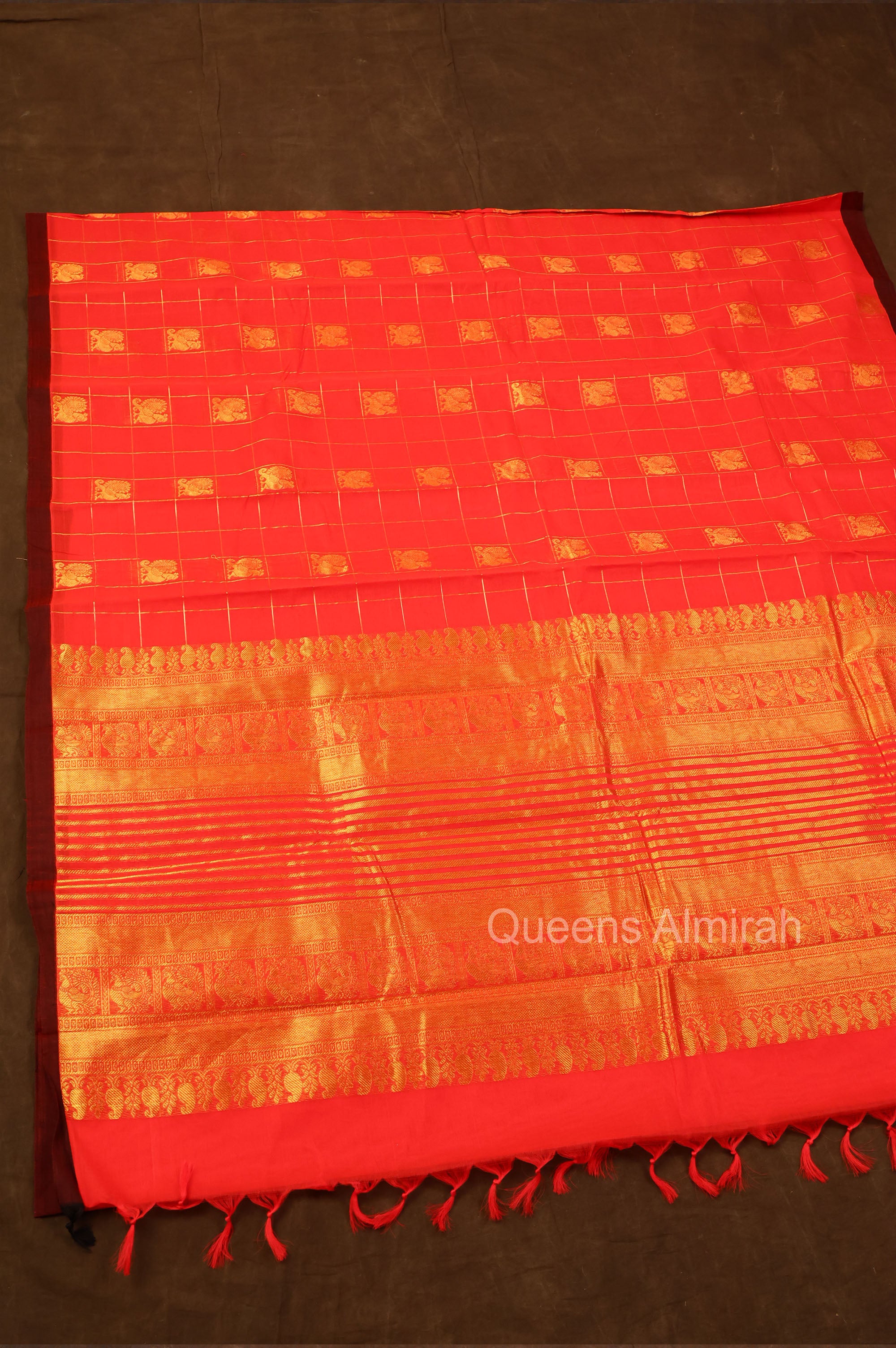 Red Kattam With Peacock Butta Kanchi Cotton Saree