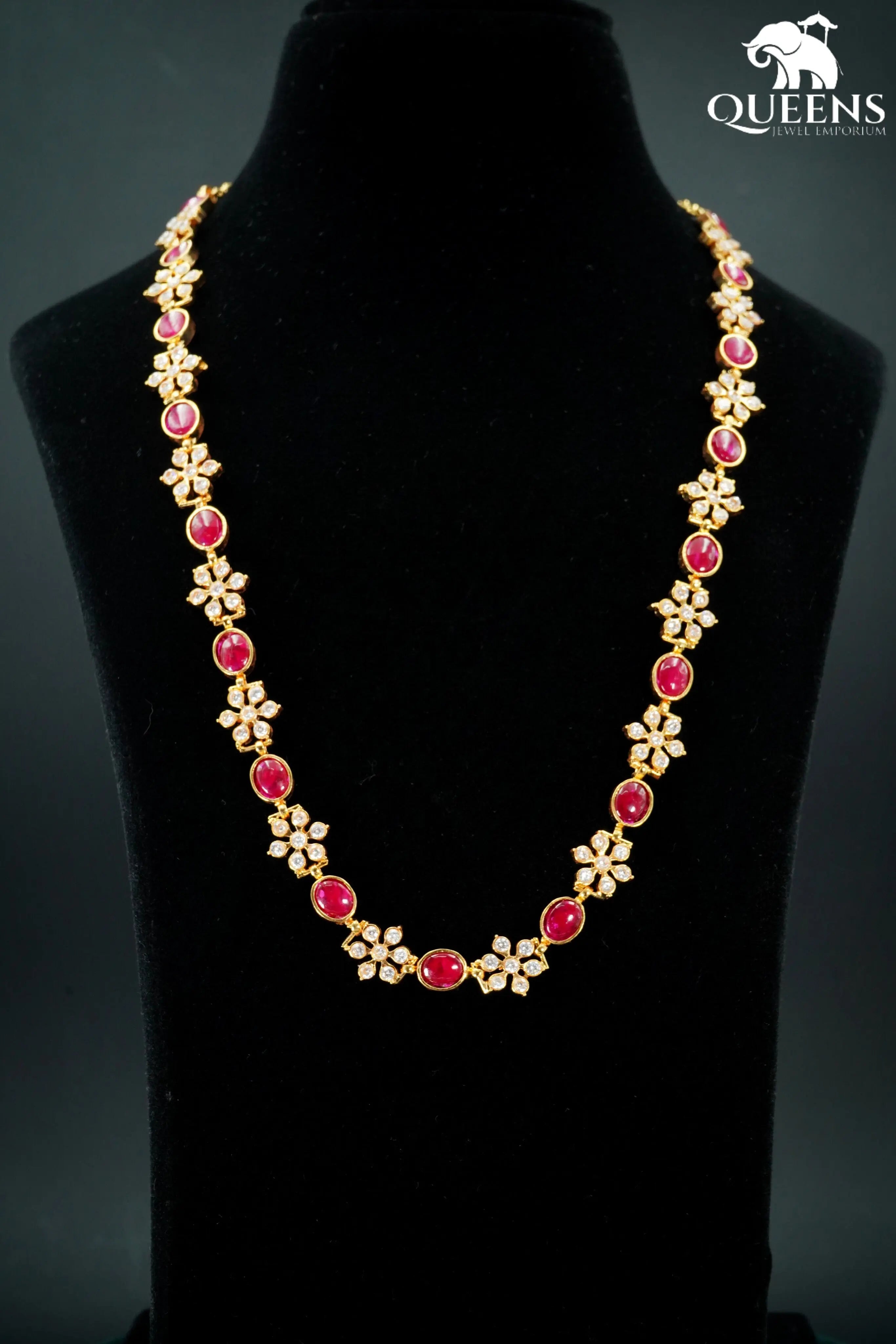 White zircon floral haram-Red oval stone haram