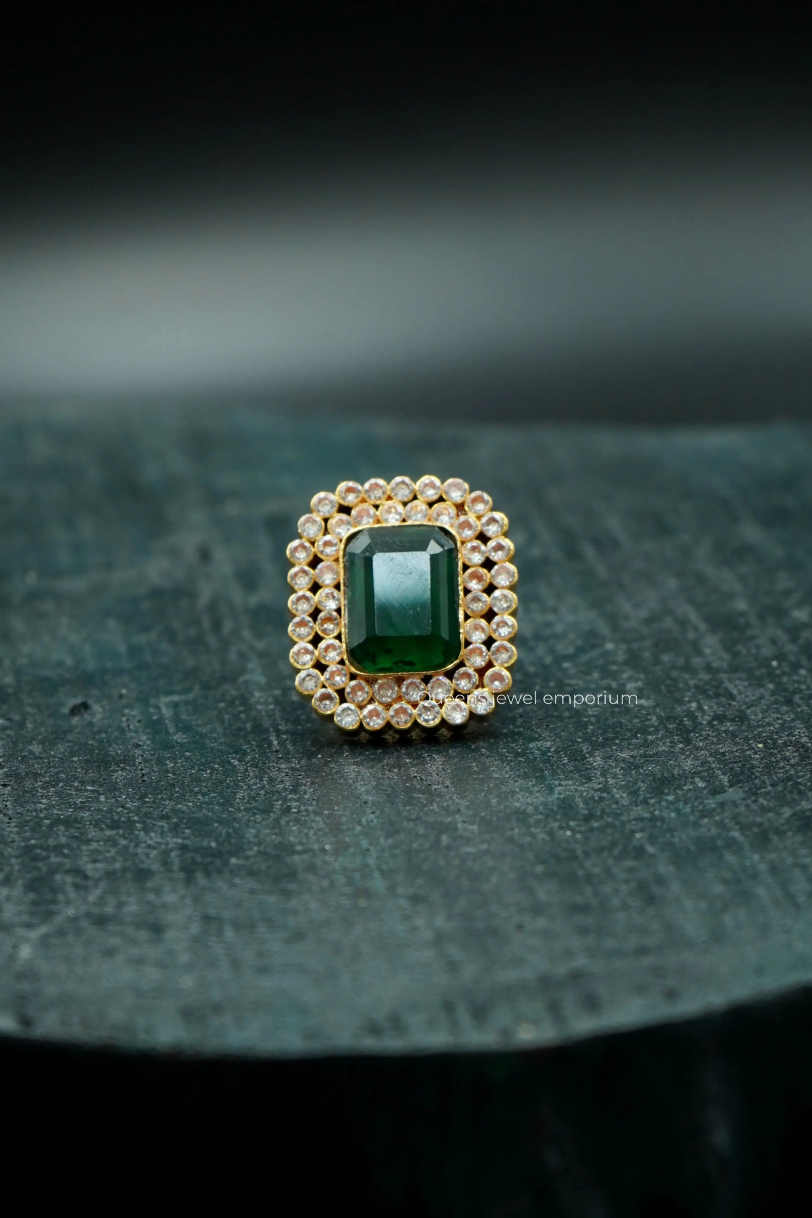 Square green stone ring-Emerald green white stone ring
