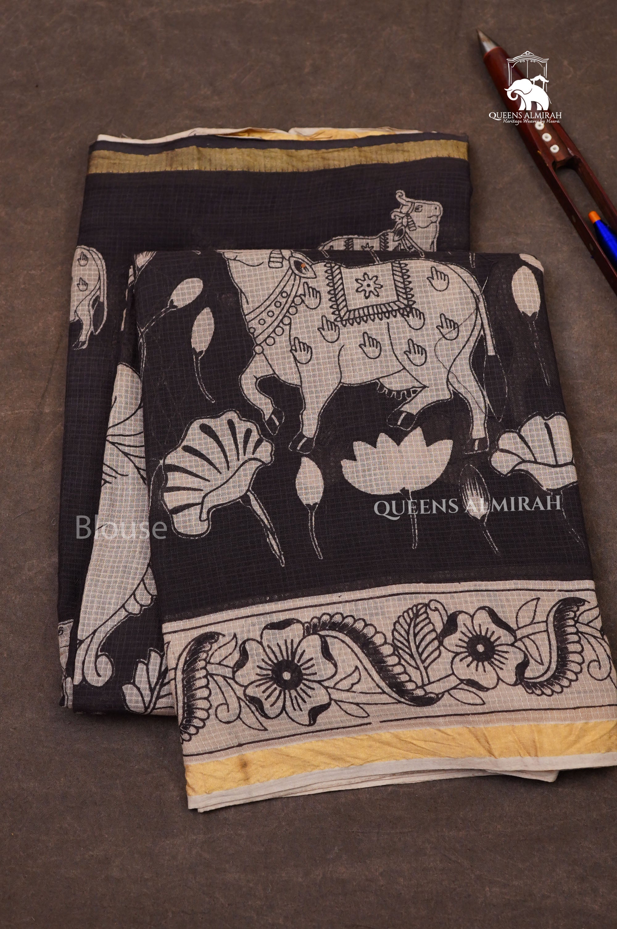 Black Kalamkari Kota Cotton Saree