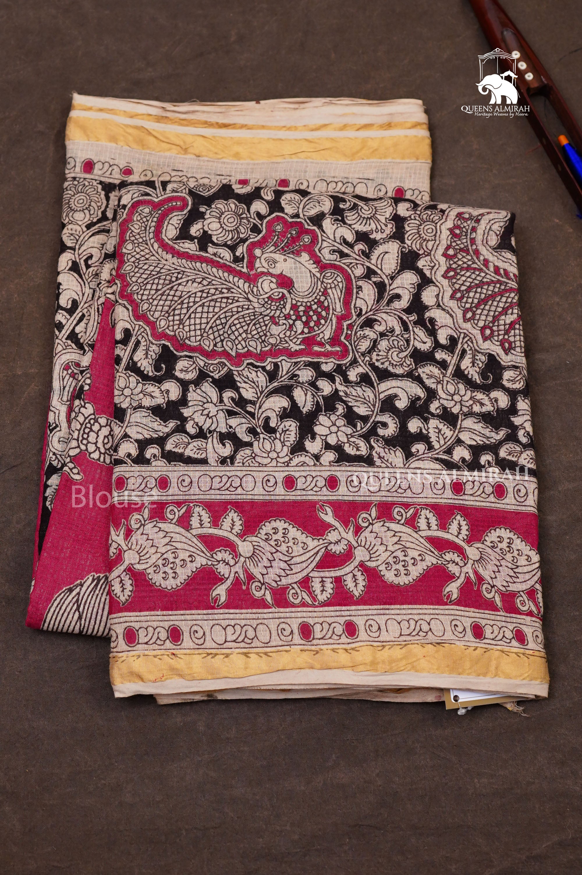 Pink With Black Kalamkari Kota Cotton Saree