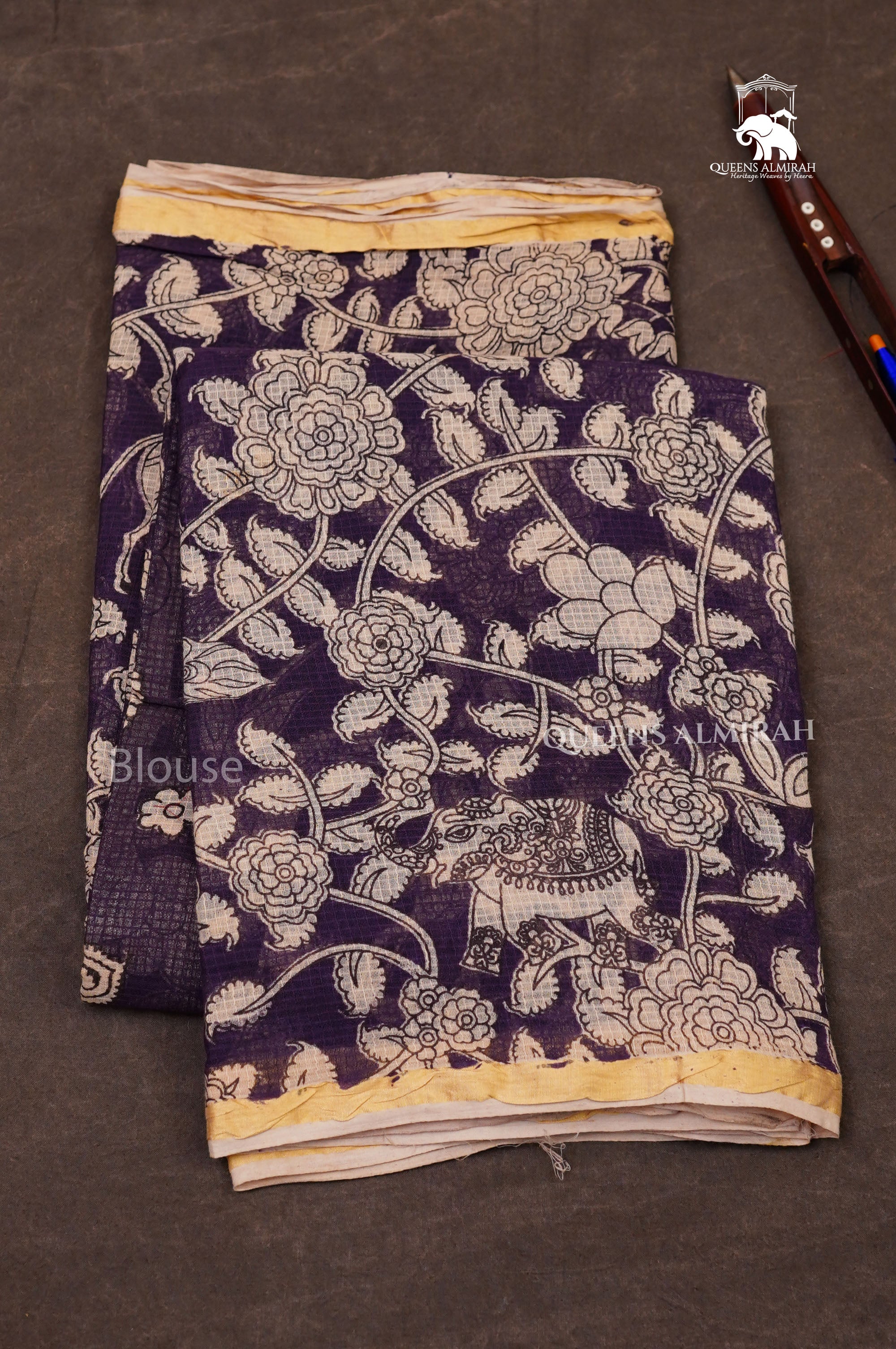 Navy Blue Kalamkari Kota Cotton Saree