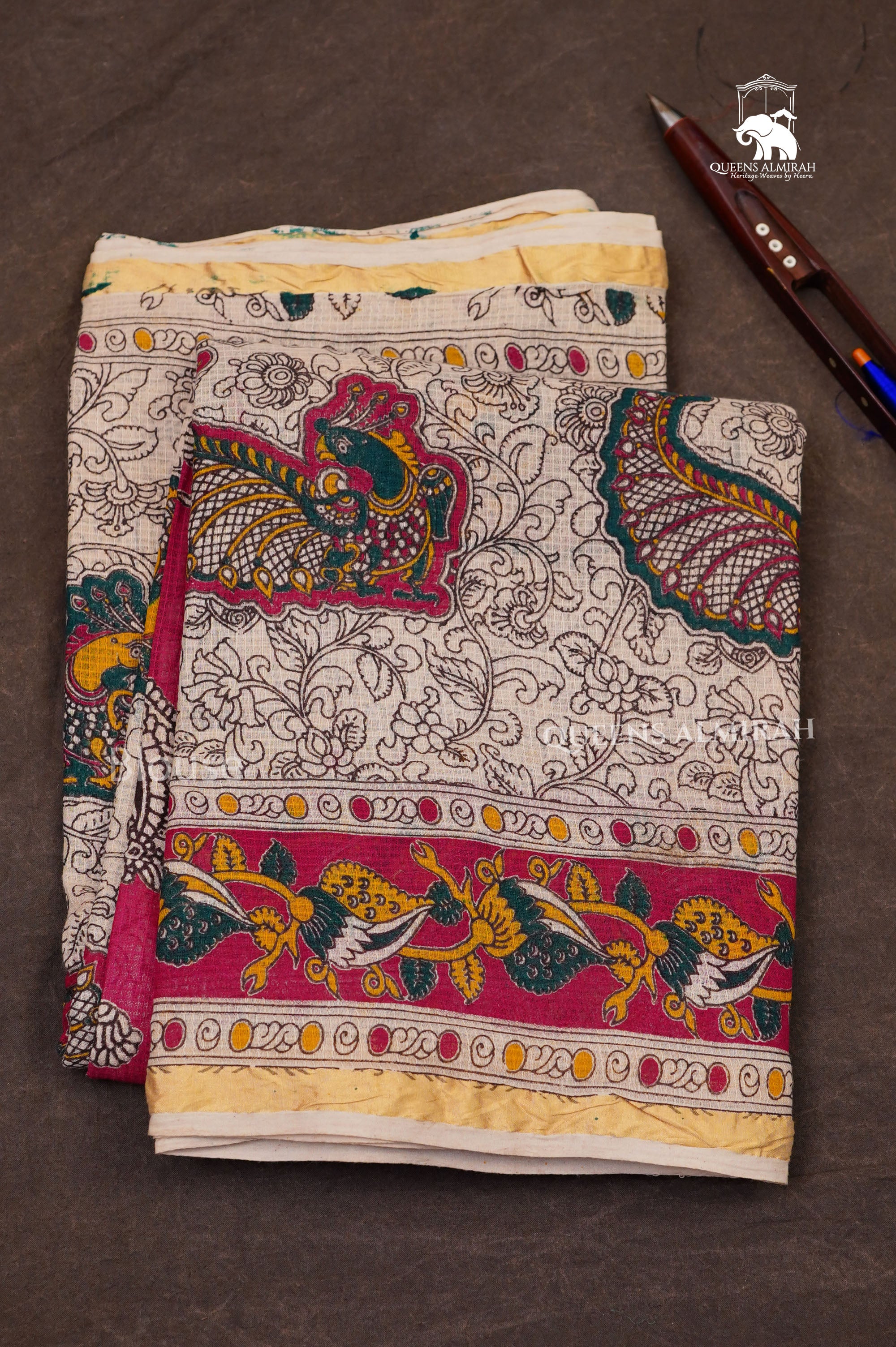 Off White With Pink Kalamkari Kota Cotton Saree