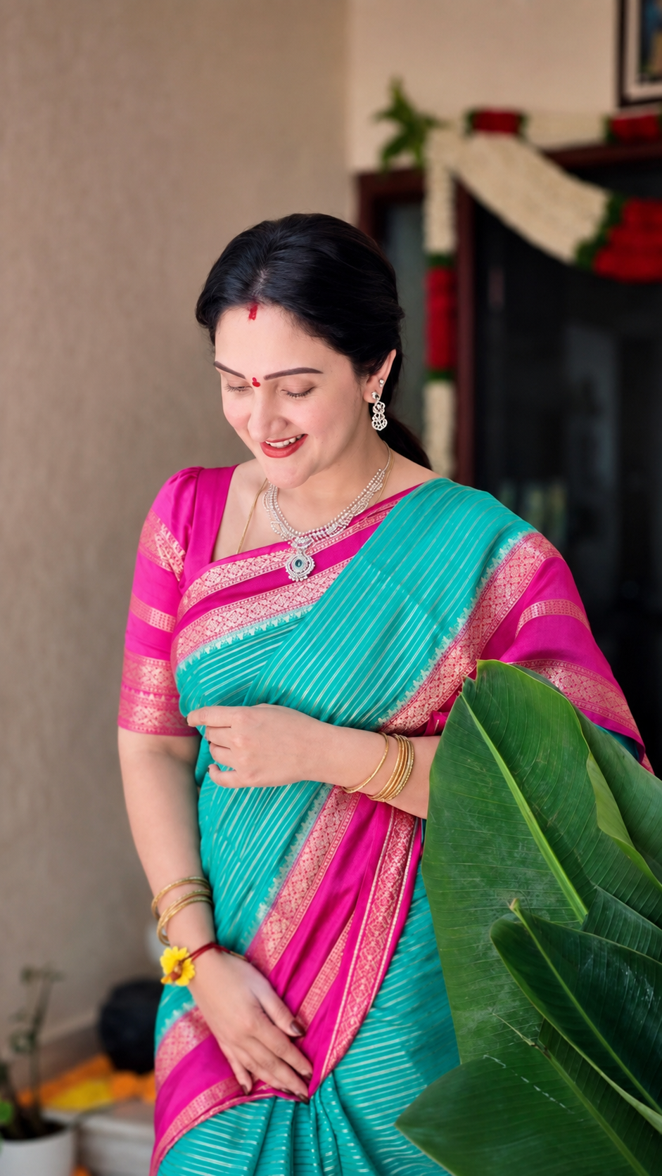 Ice Blue With Pink Chiniya Silk Saree
