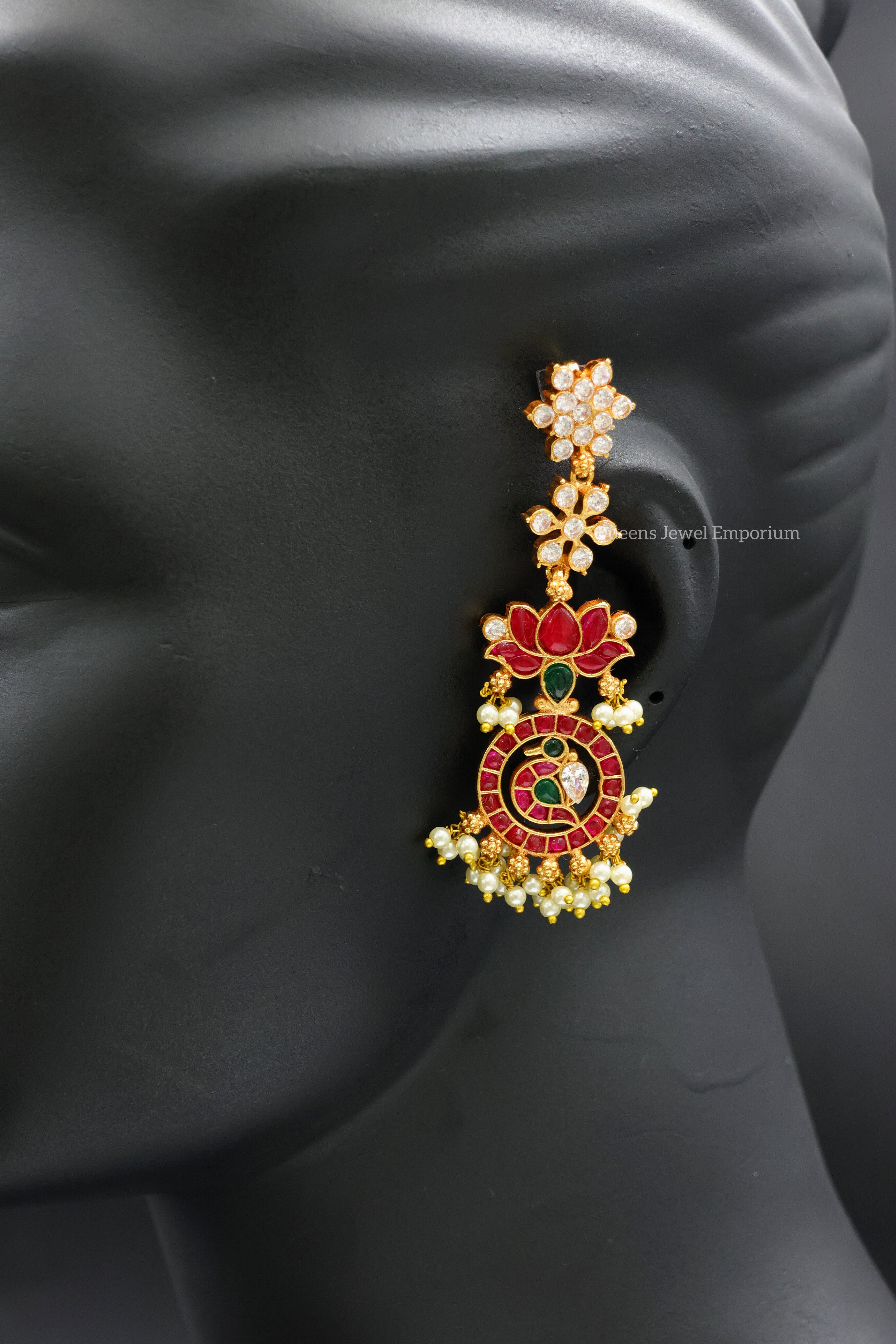 Floral white stone ear set-Kemp annam motif ear set