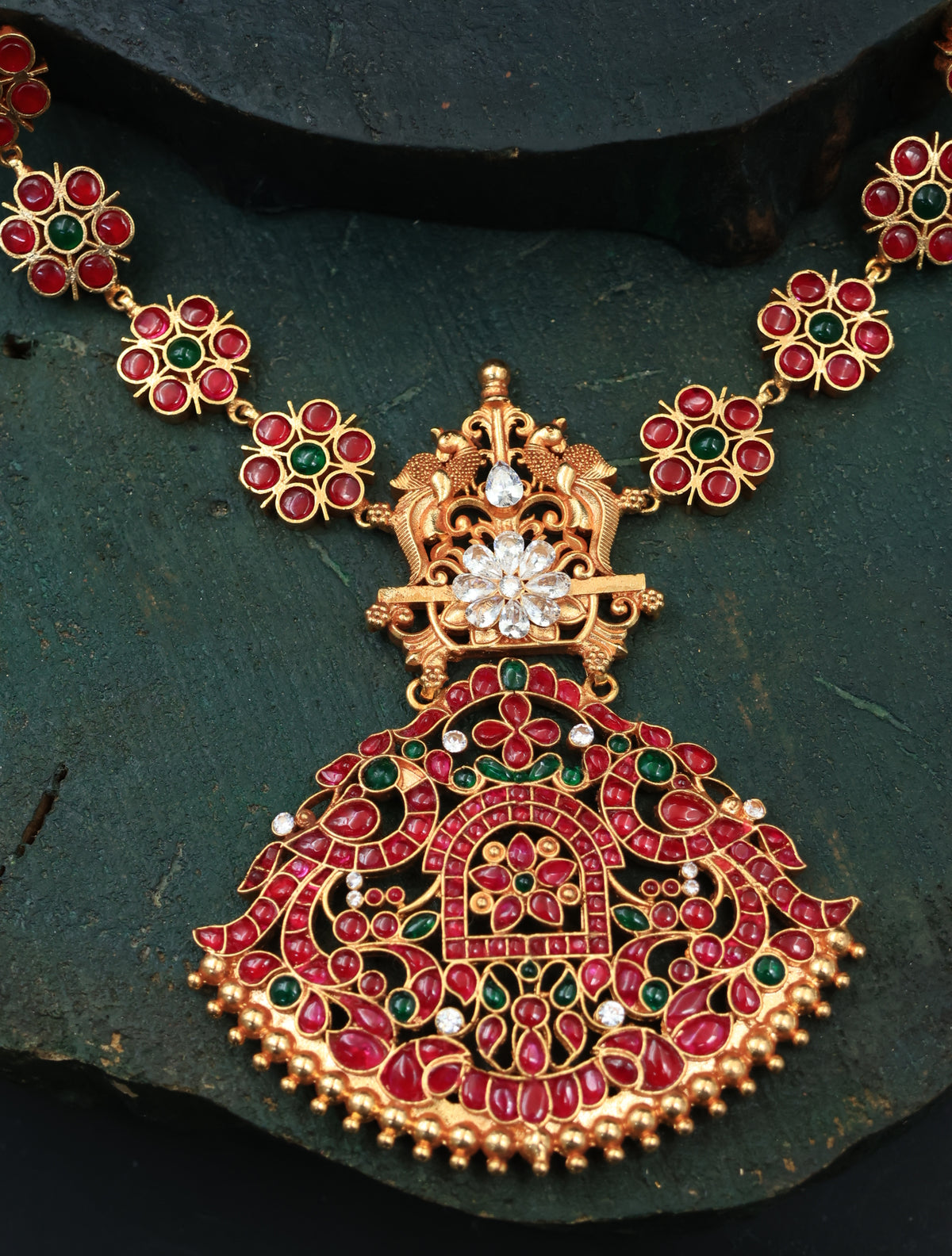 Floral design pendant-Red color stone jewellery