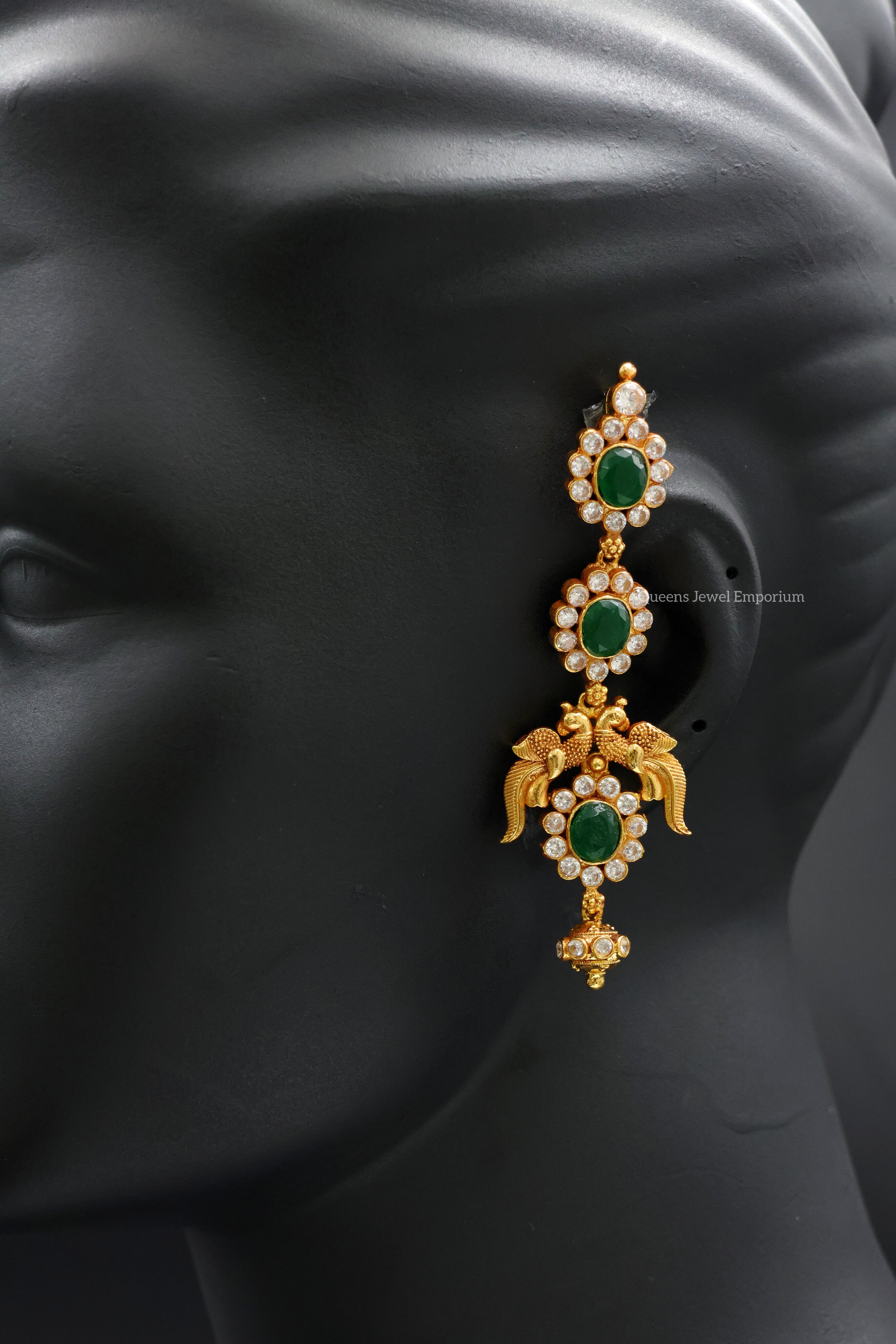 Floral motif jhumka and ear chain-Green and white stone ear set