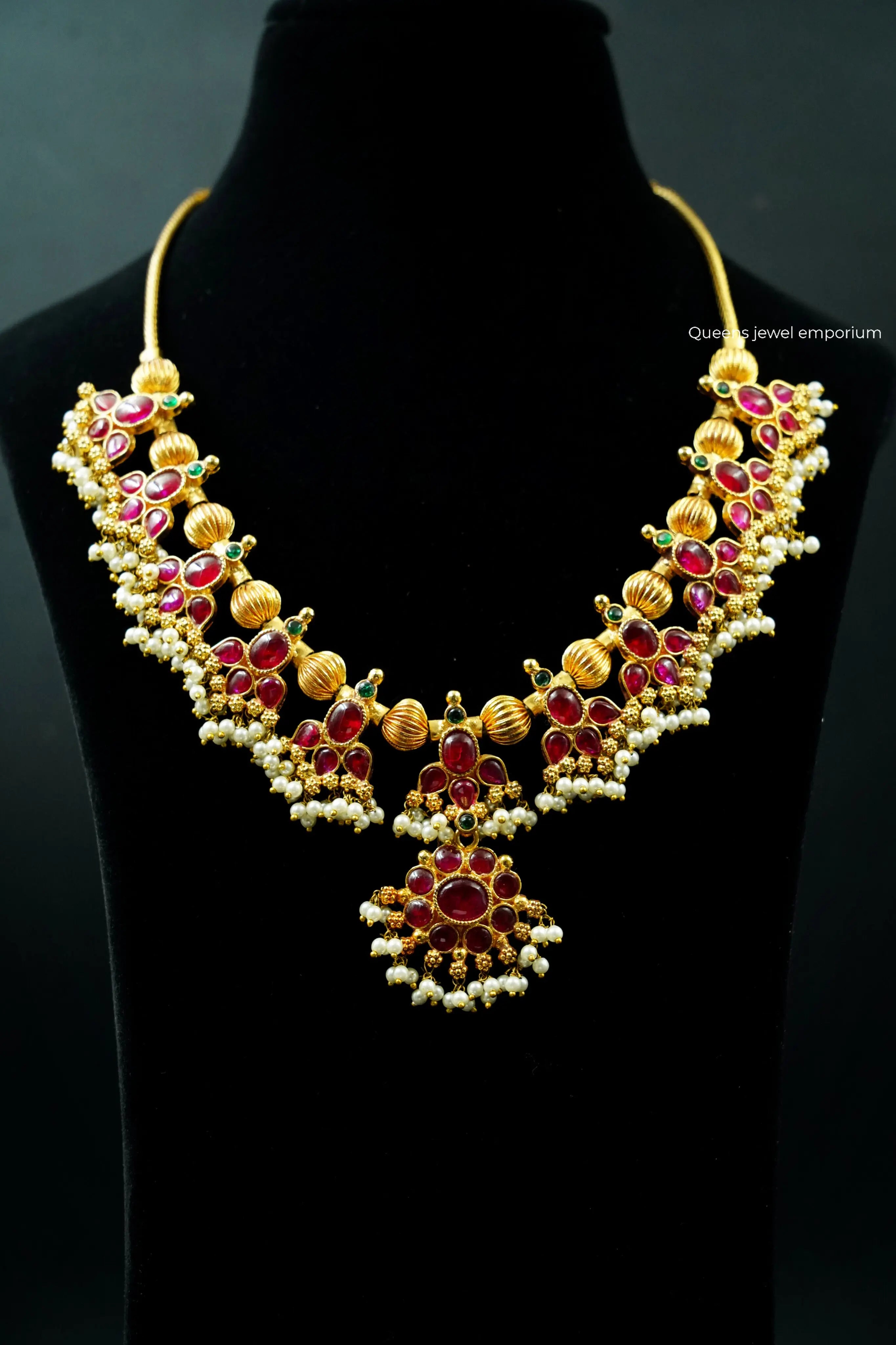 Red kemp stone necklace-Kanchivaram saree jewellery