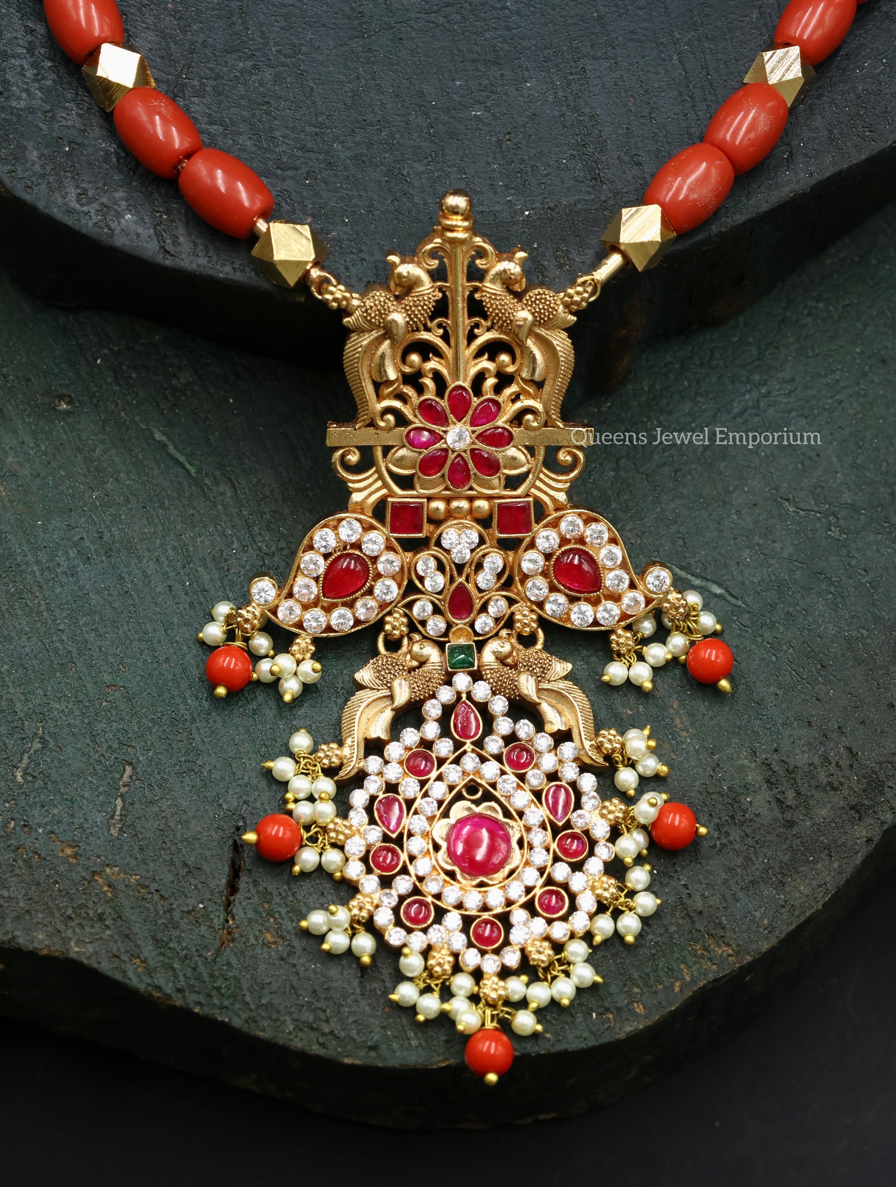 Coral stone pendant jewellery-South indian coral haram