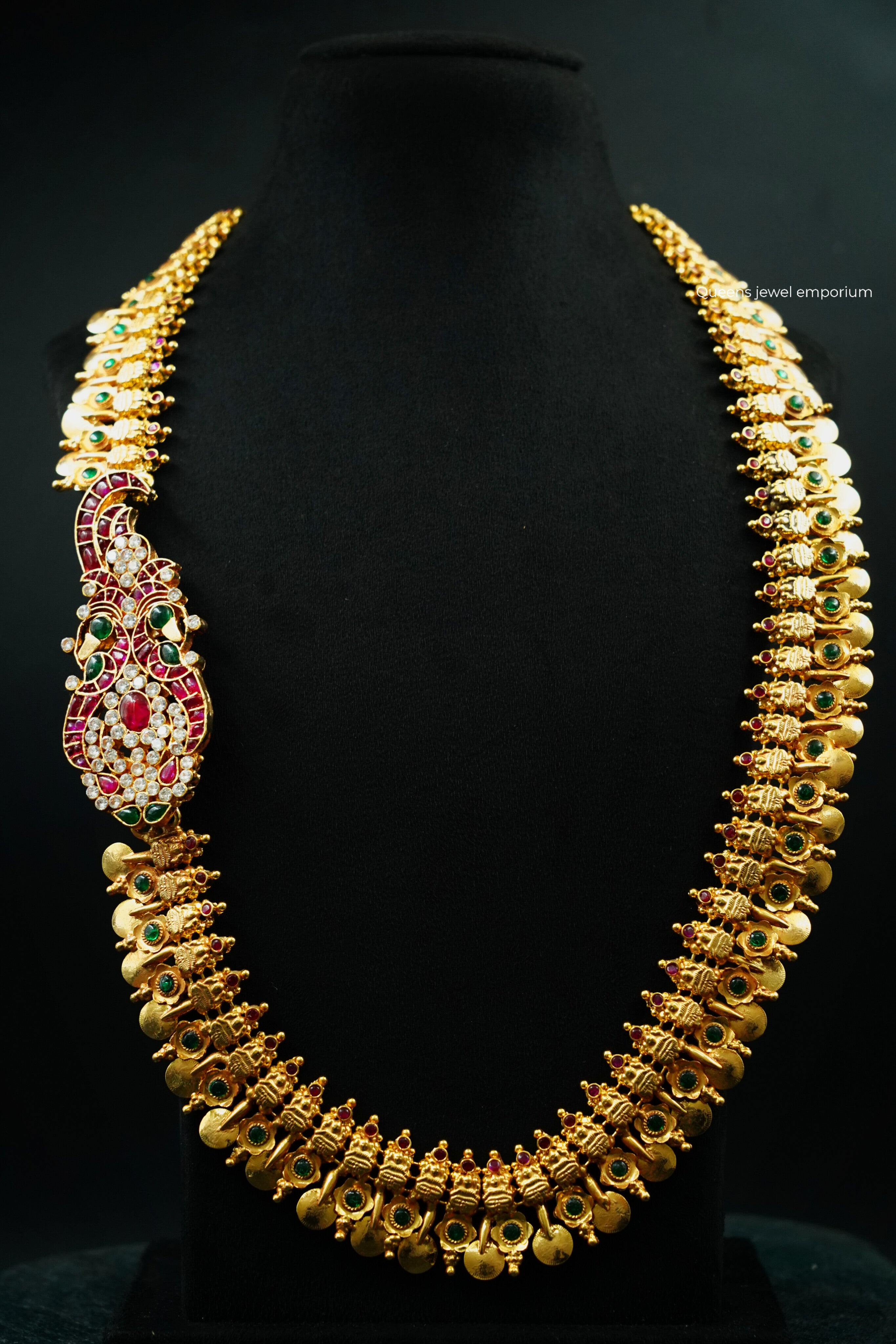 Floral motif kemp haram-Peacock mugappu kasu haram