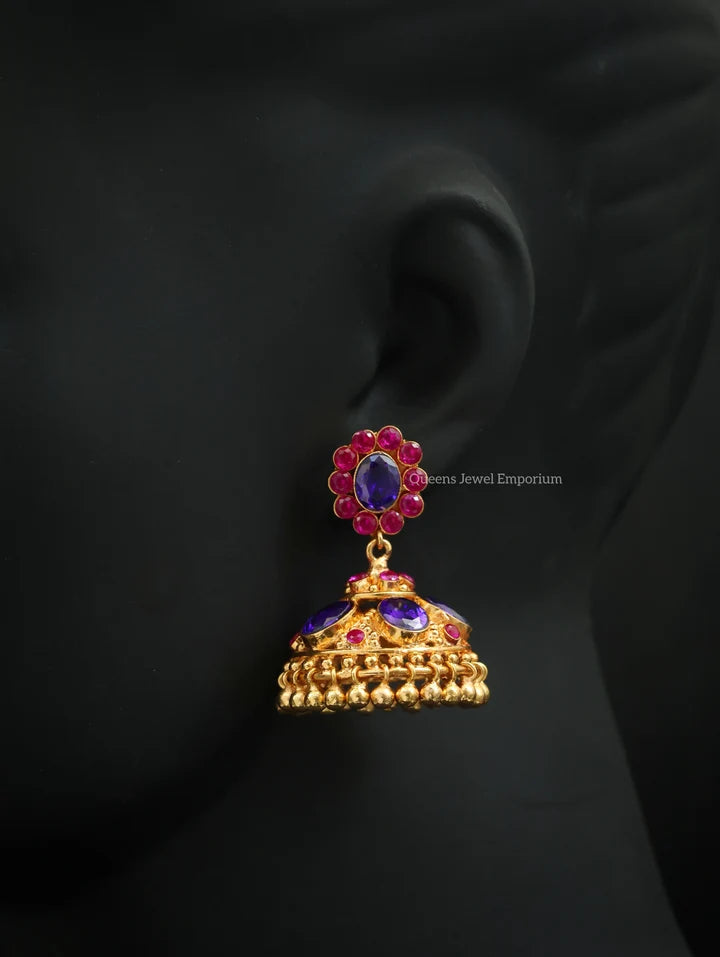 Jhumka with violet and pink stones-Floral stud with jhumka