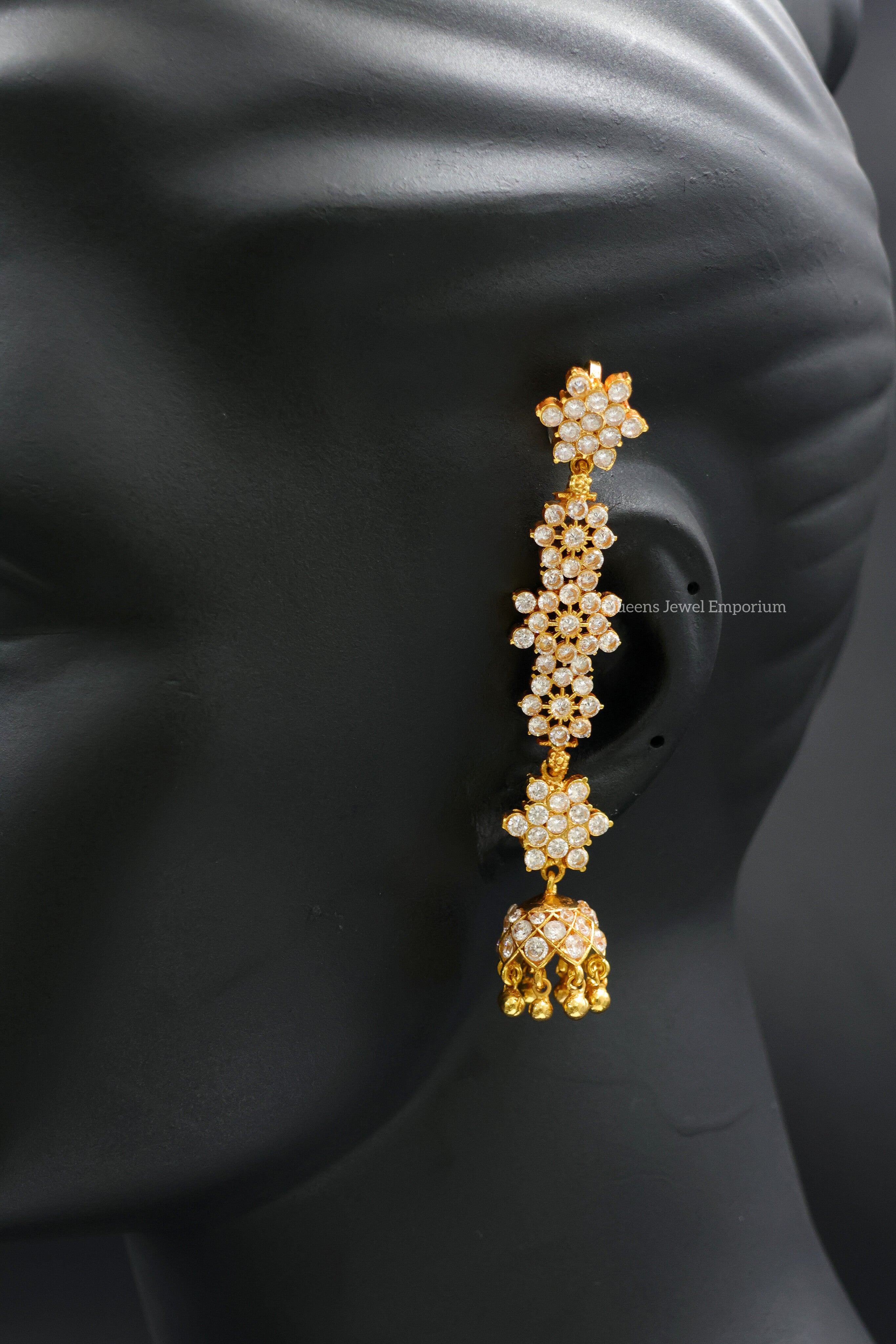 Jhumka with ear chain set-White stone jhumka and ear chain set