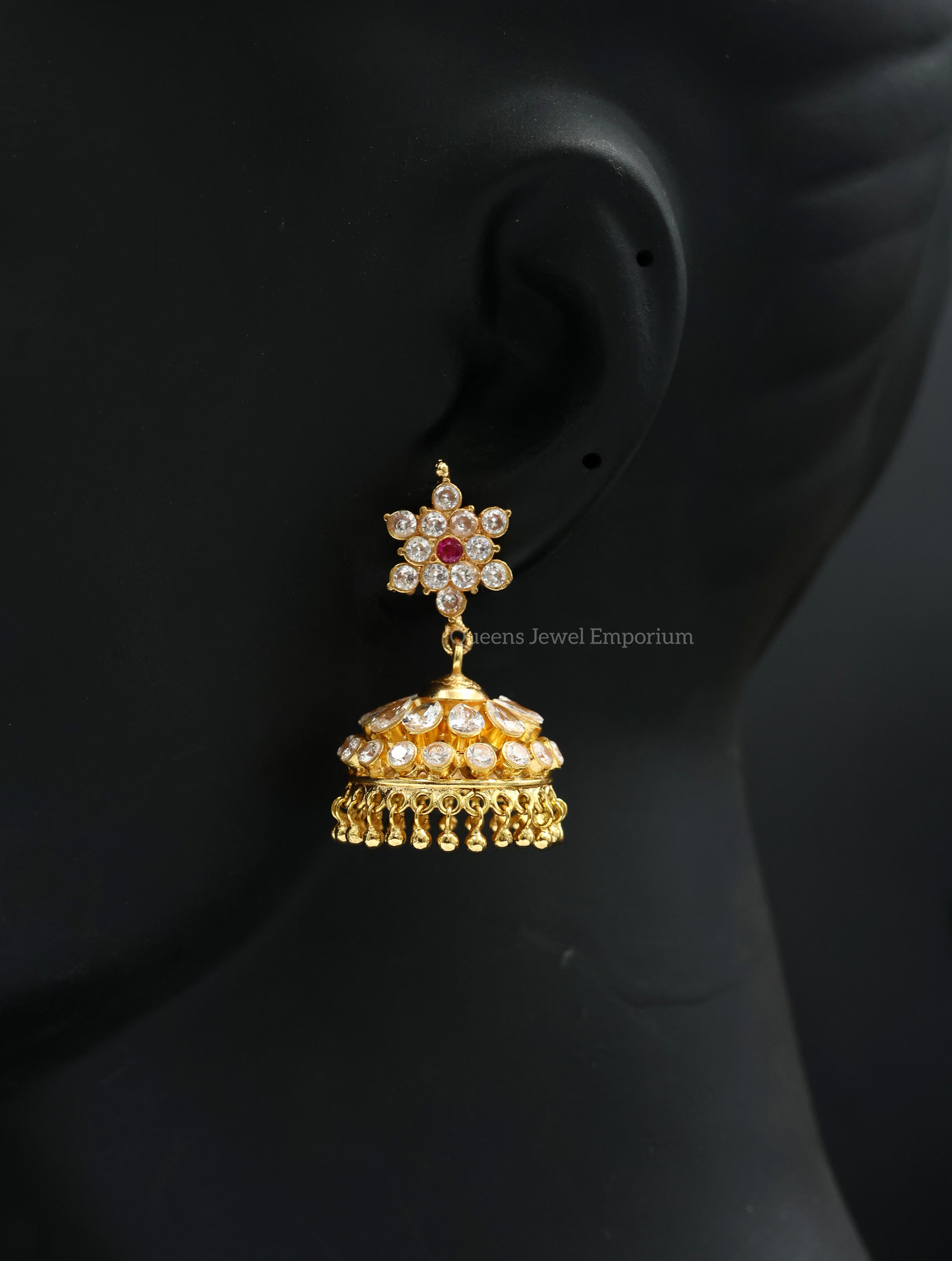 ZIrcon jhumka for festivals-Gold plated white stone jhumka