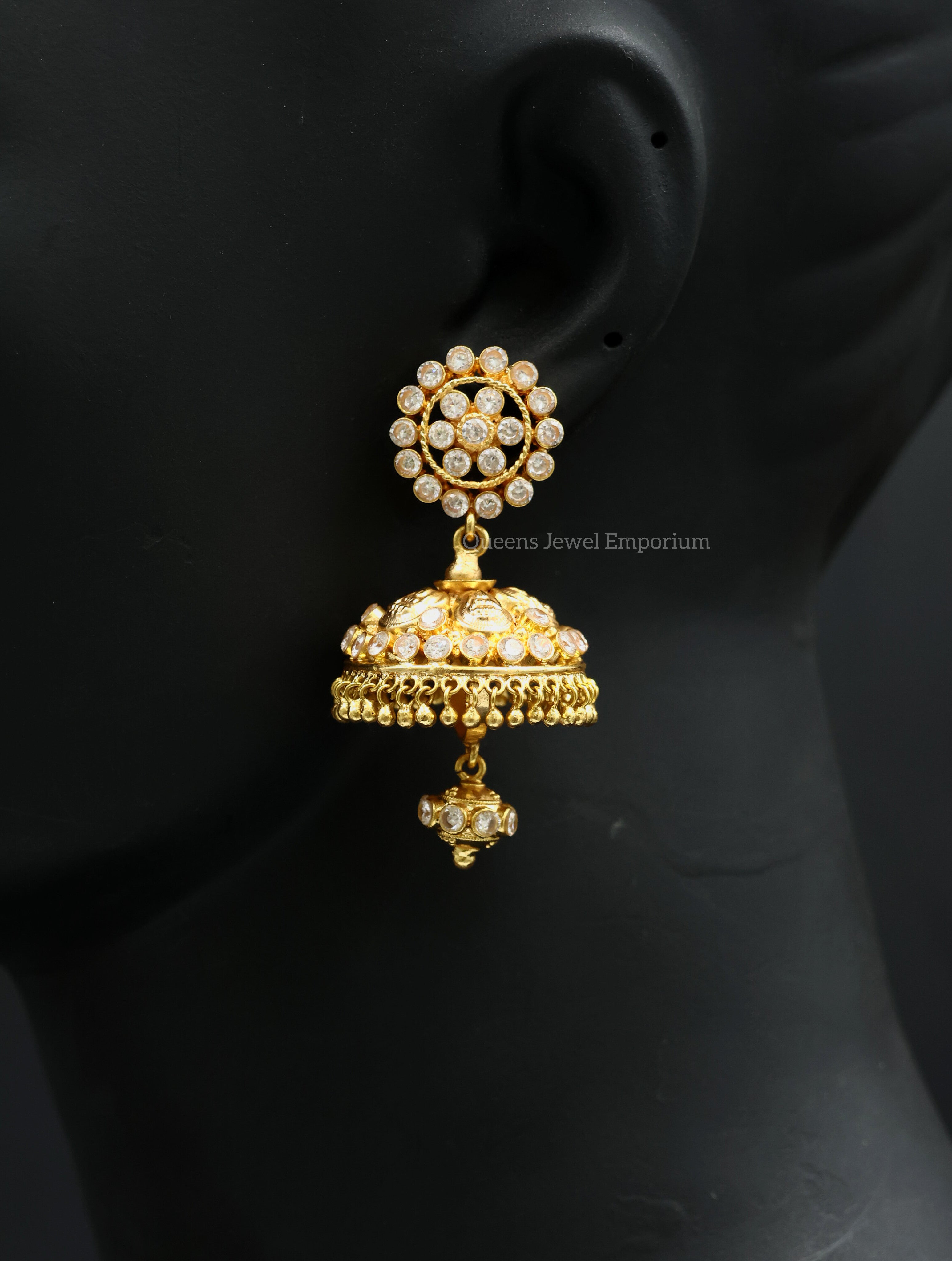 Grand floral stud jhumka-Traditional white stone jhumka