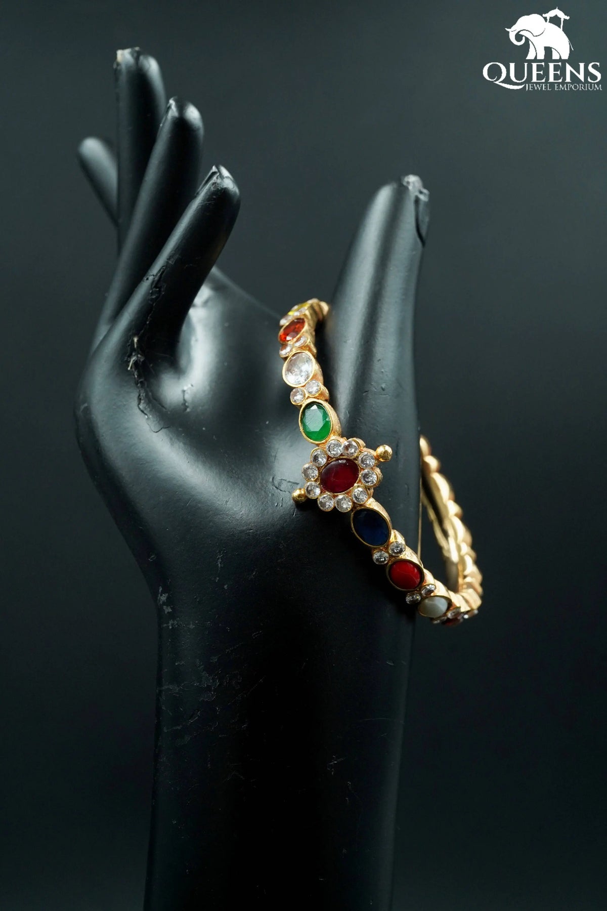 Multicolour navaratna bangle for wedding-Floral zircon kappu bangle
