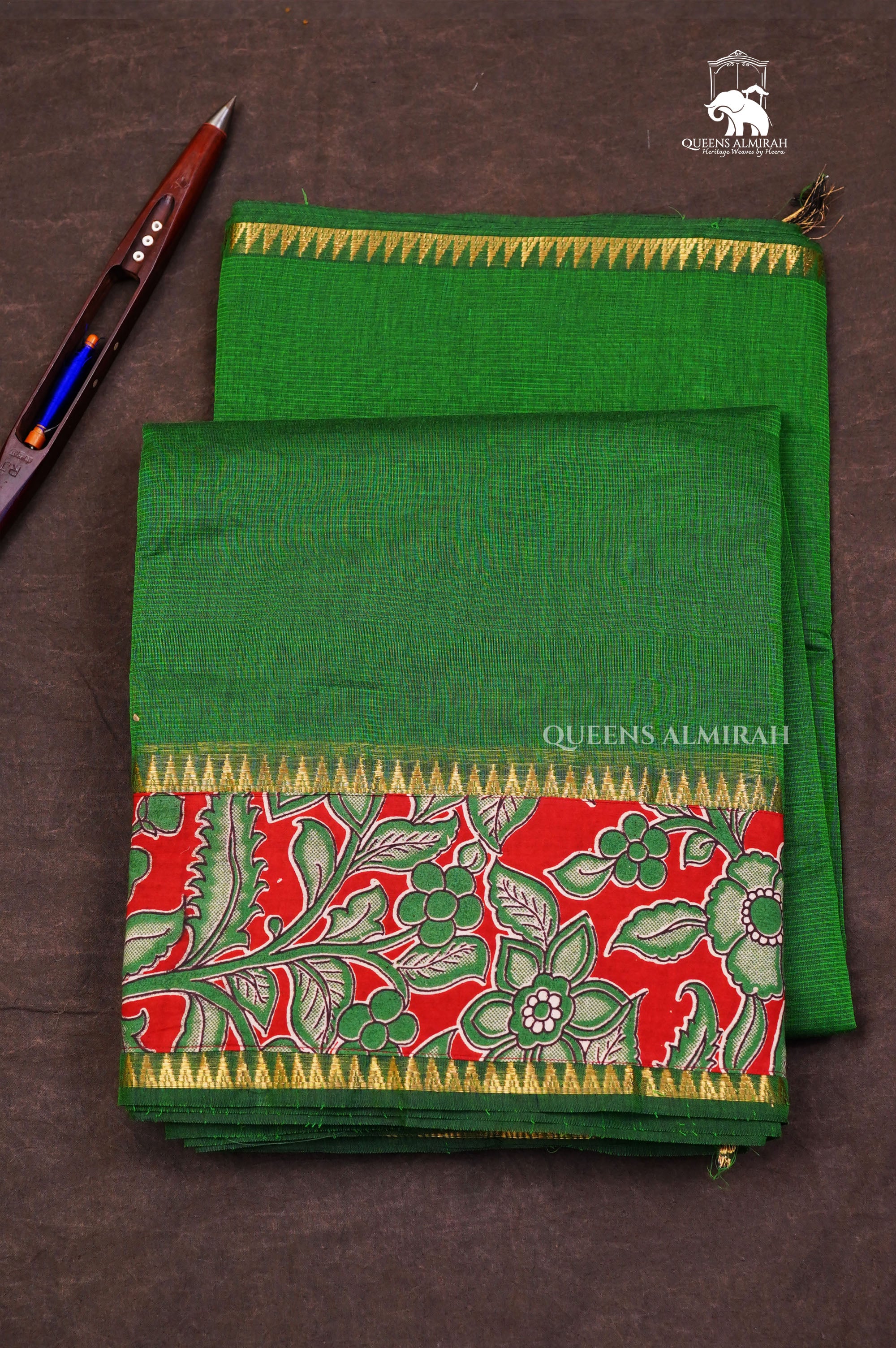 Green With Kalamkari Border Mangalgiri Saree