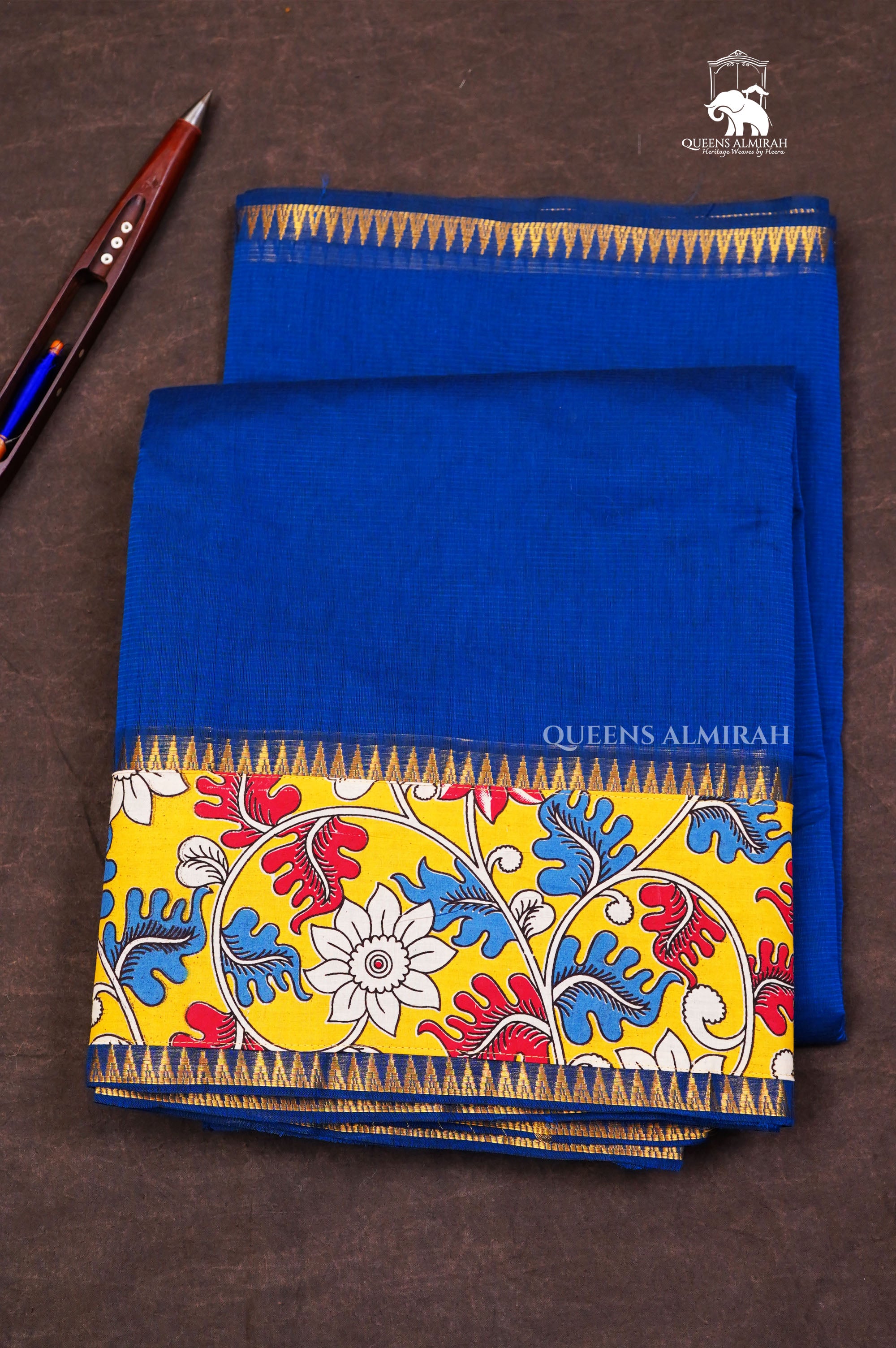 Blue With With Kalamkari Border Mangalgiri Saree