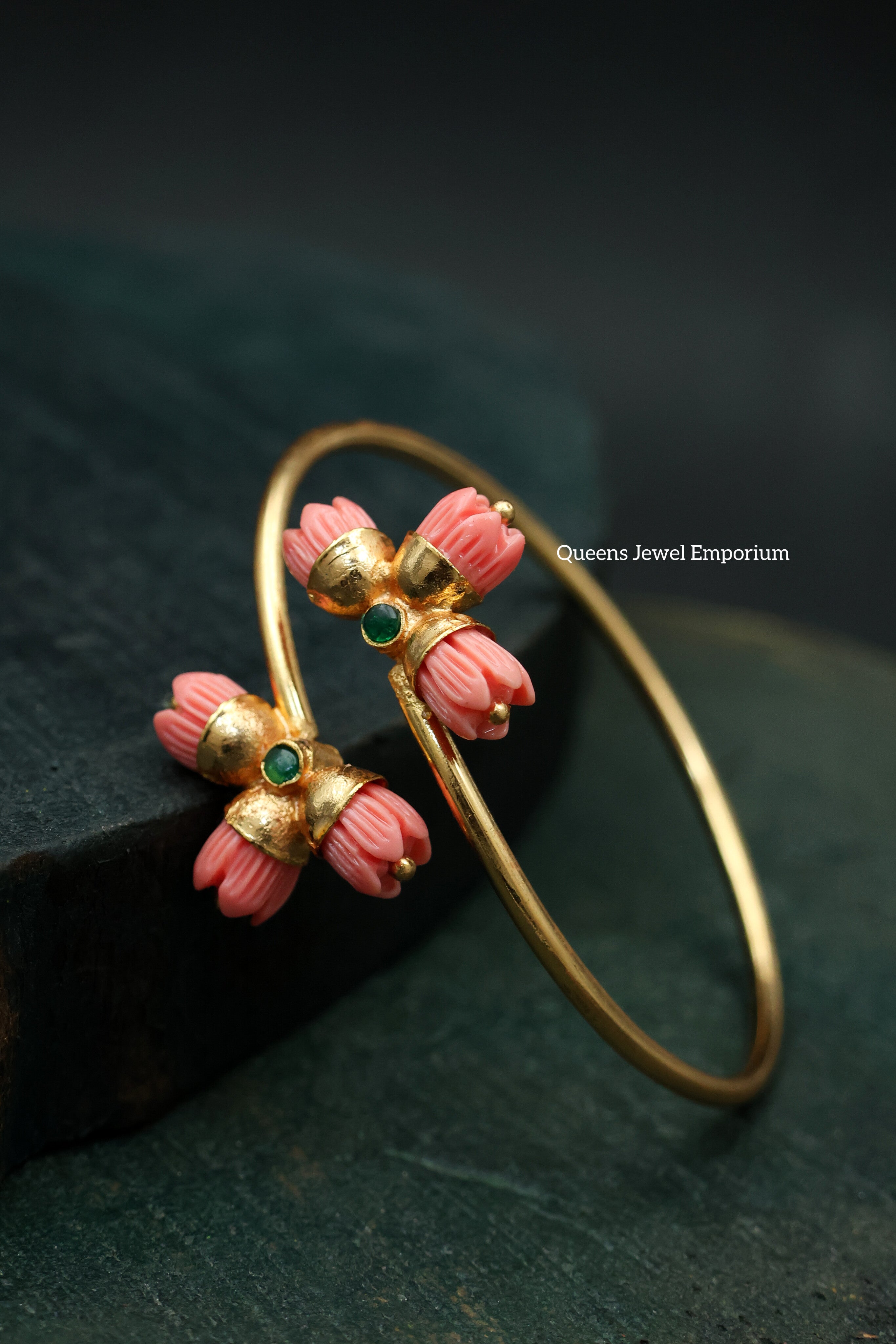 Coral stone floral bracelet-Ethnic coral motif kada for sarees