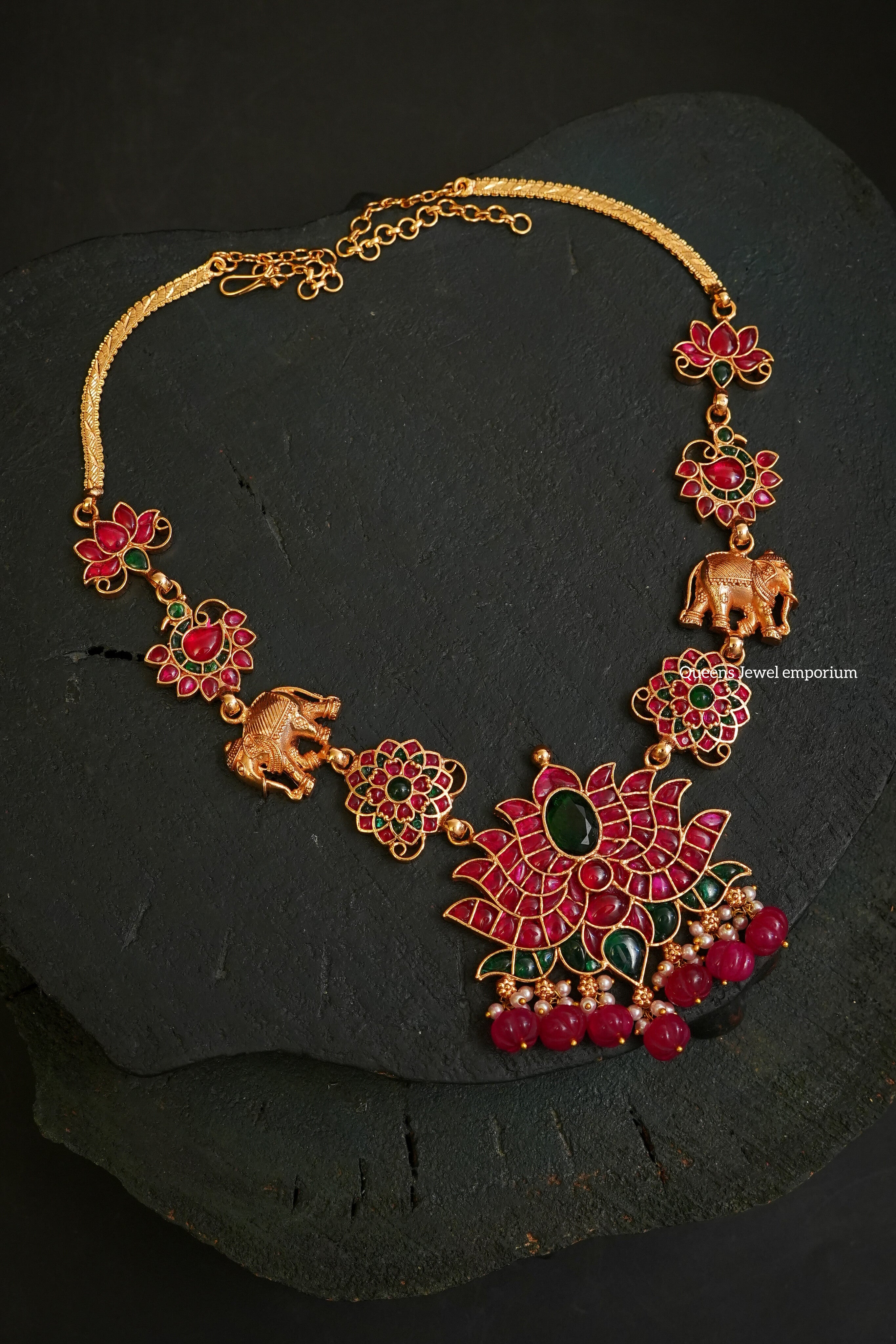 Lotus motif haram-Elephant design jewellery
