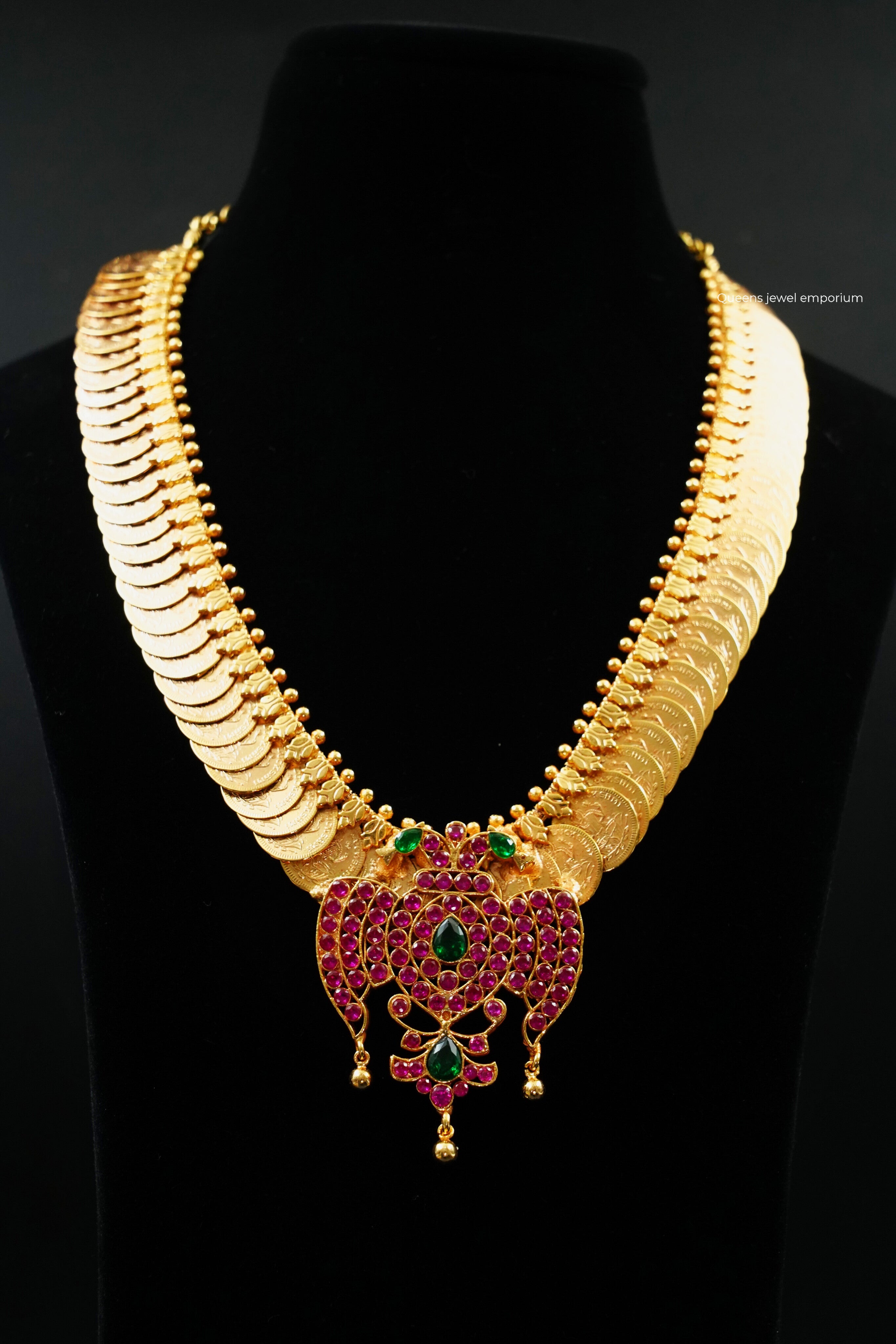 Pink stone gandaberunda pendant-Kasu haram with stone bird pendant