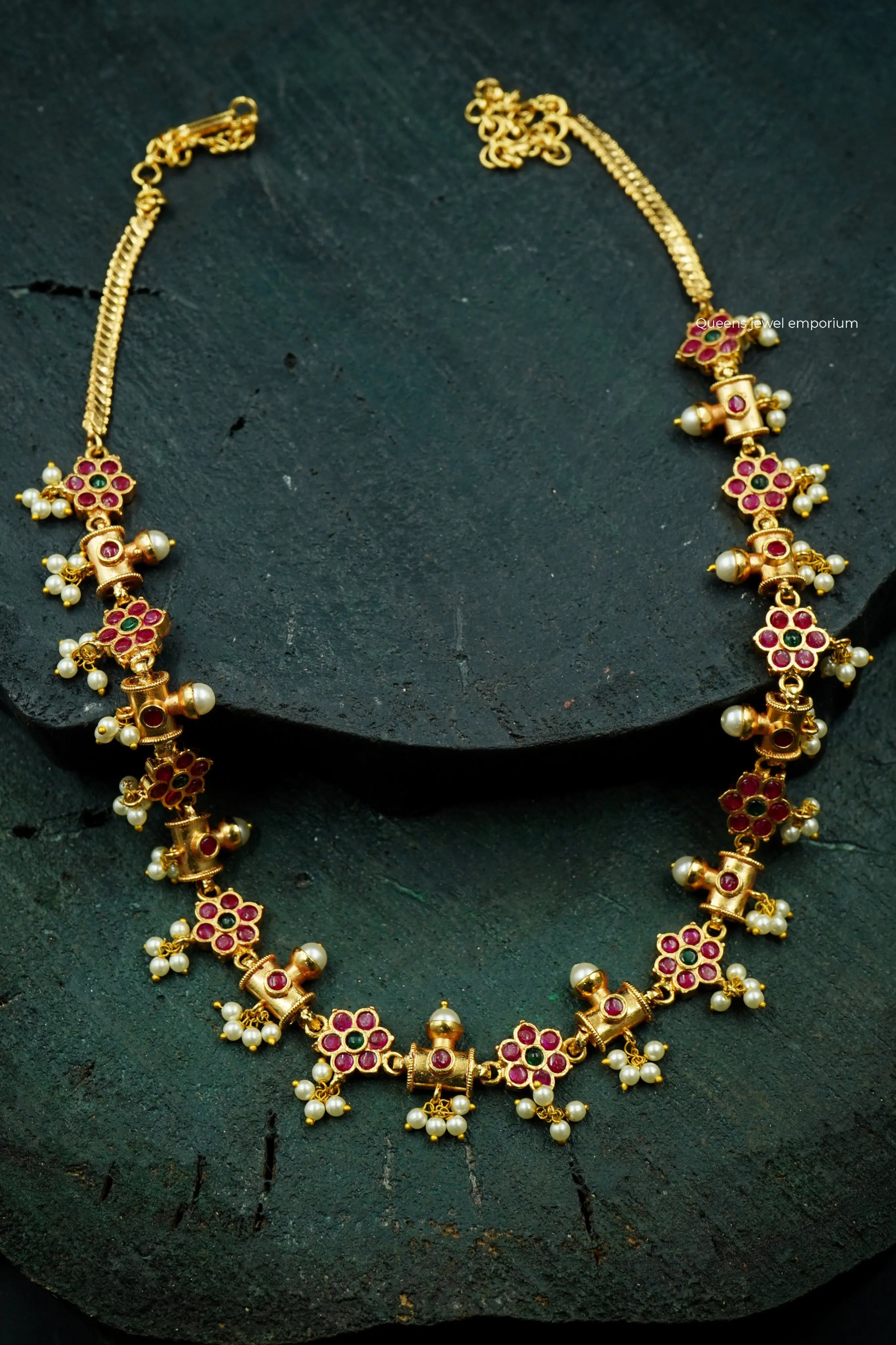 Floral motif haram-Pink color stoned jewellery