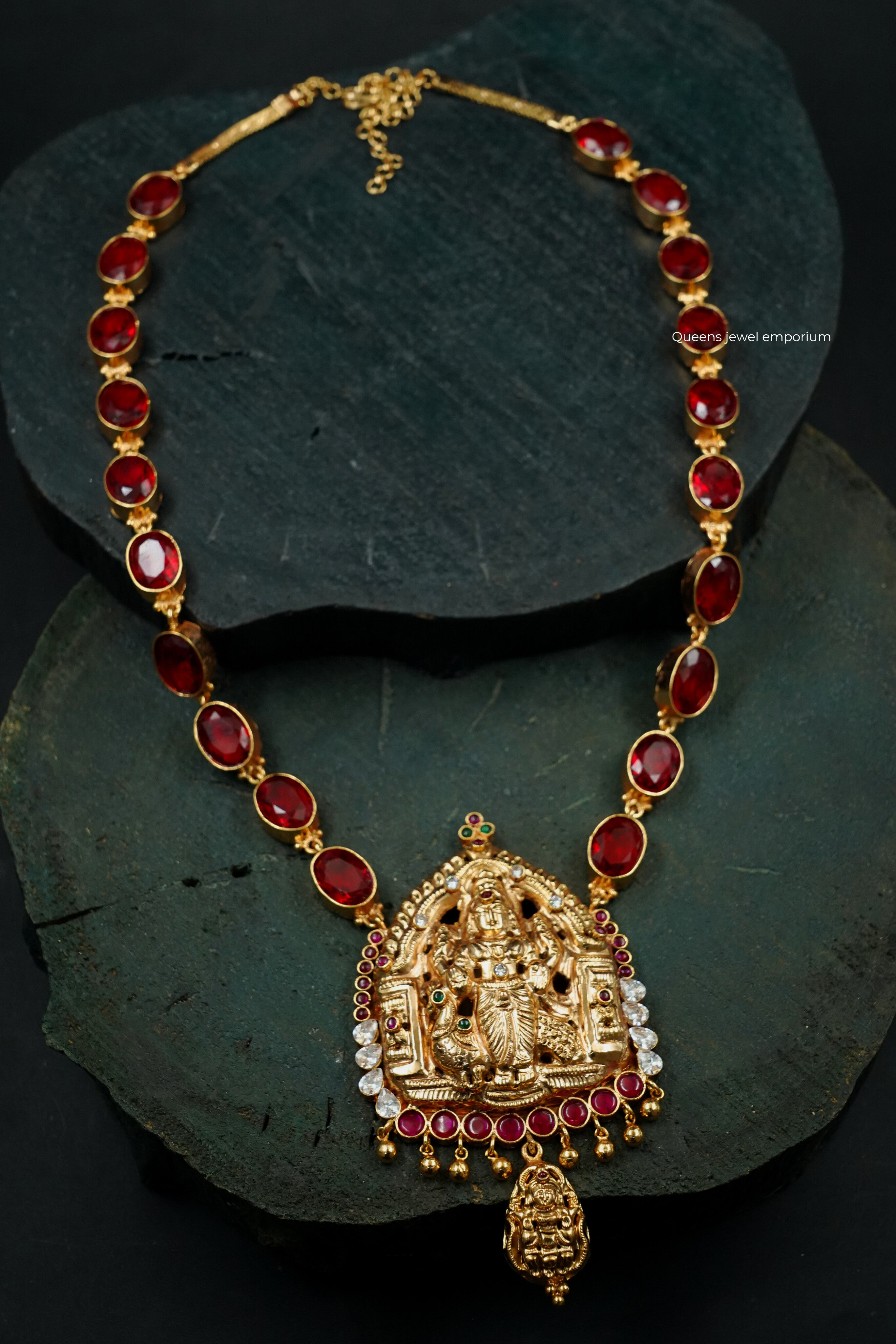 Oval red stone haram-Murugar temple jewellery haram