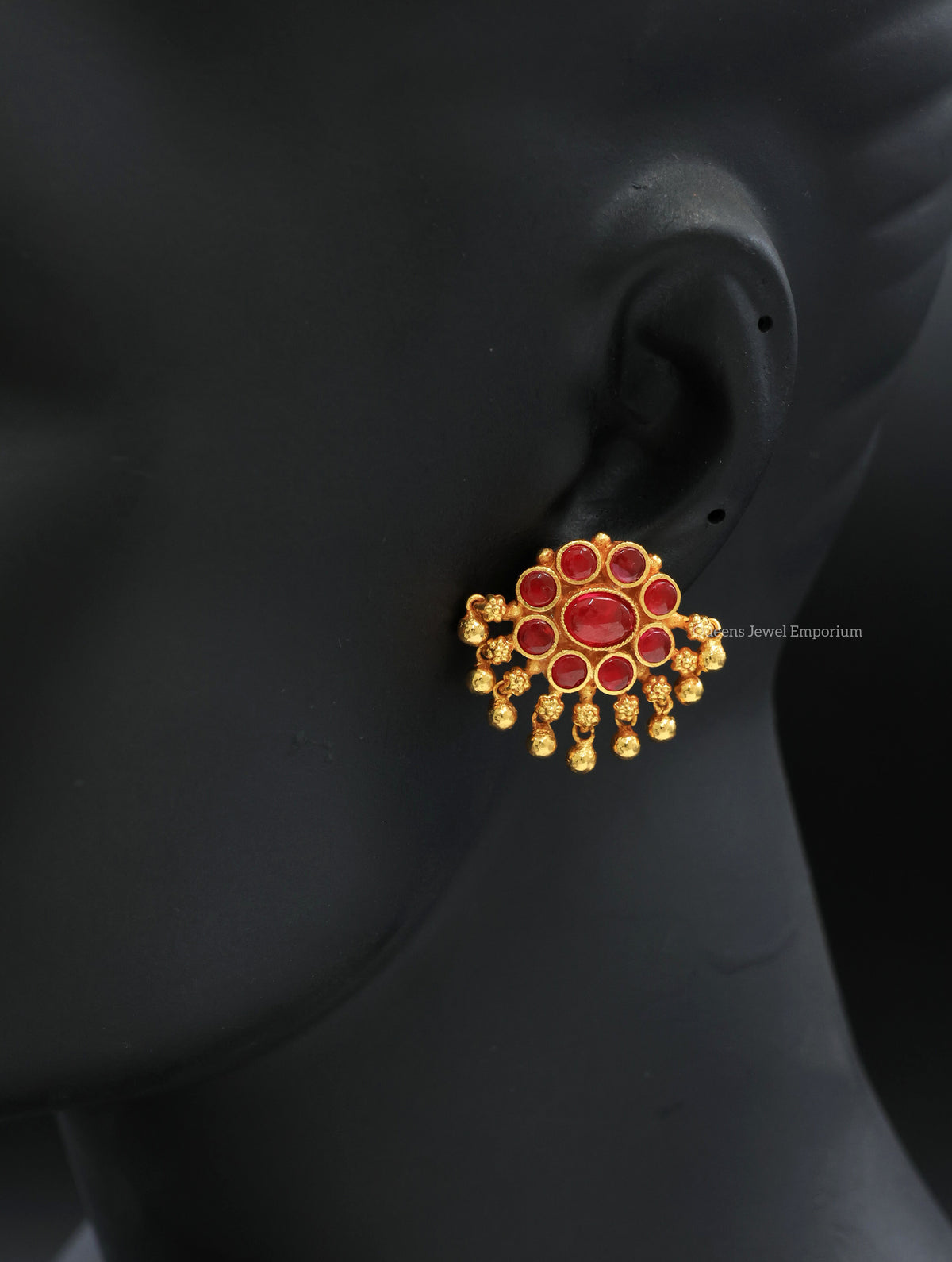 Red kemp stone studs-Studs with gold ball hangings