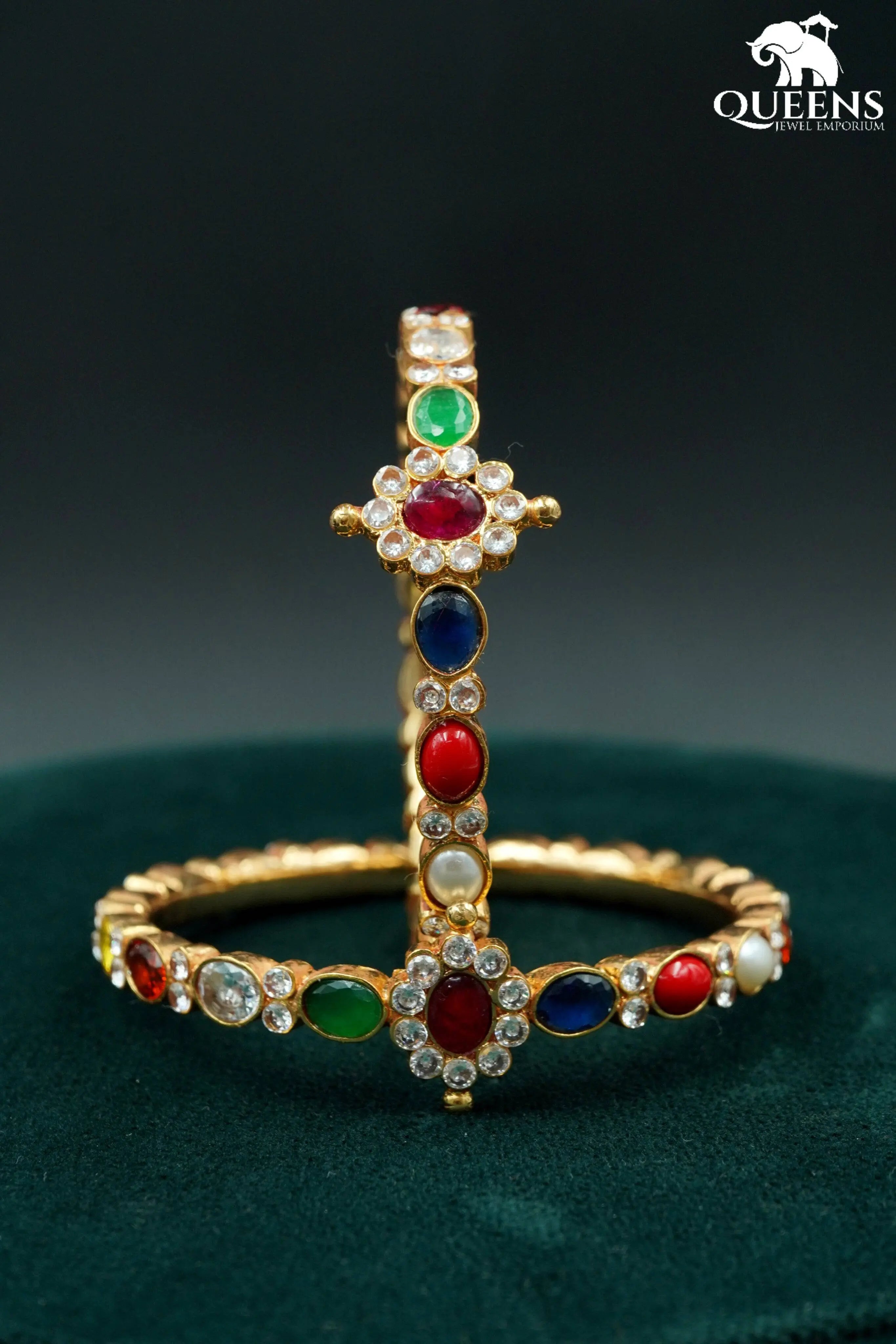 Floral motif navaratna bangle for festival-White zircon stone bangle