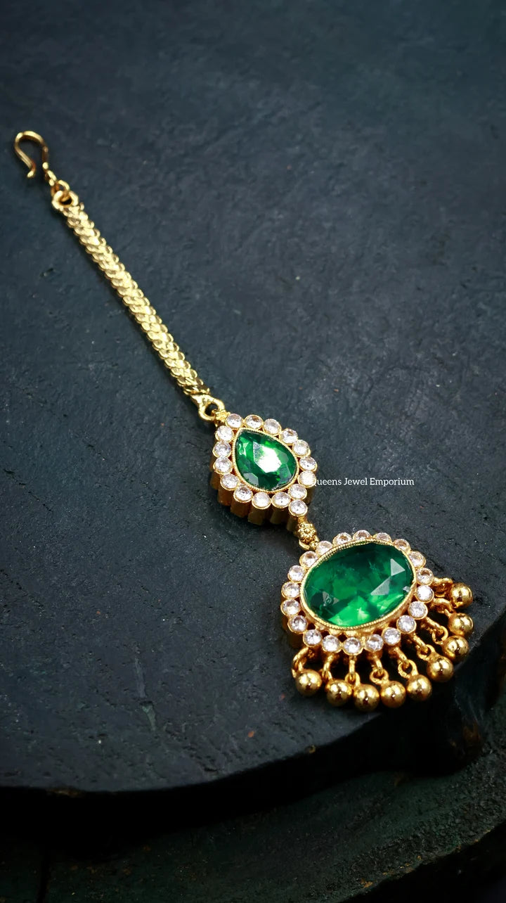 Hair tikka with green and white stones-Grand green and white stones nethichutti
