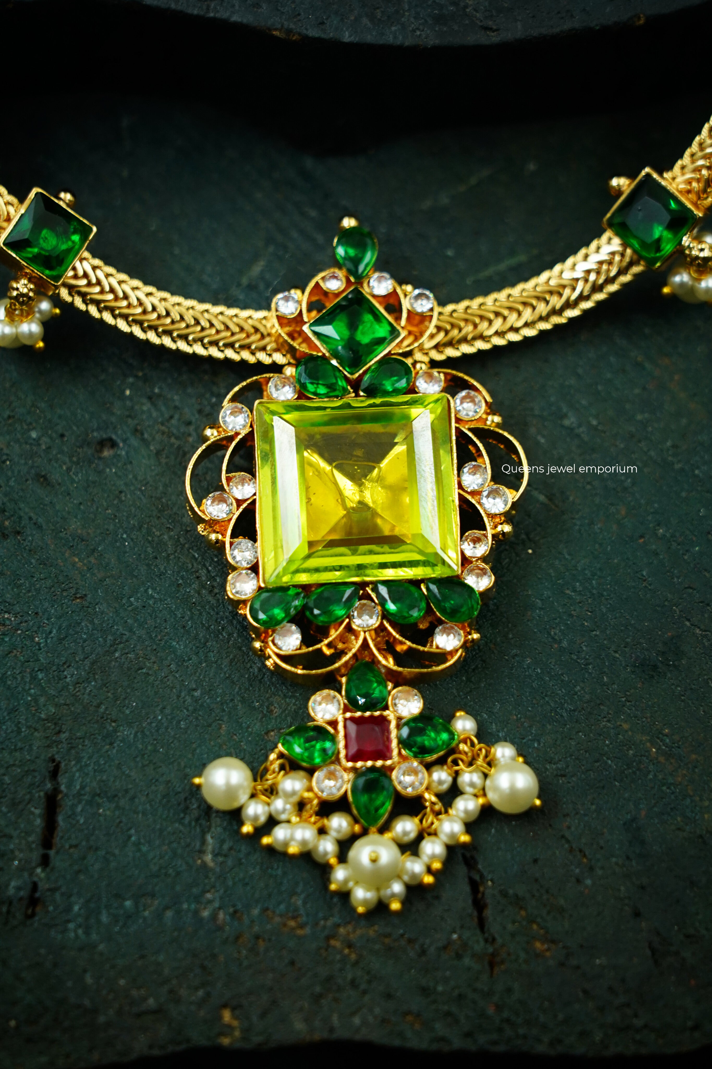 Square green stone necklace-White zircon stone mid length haram