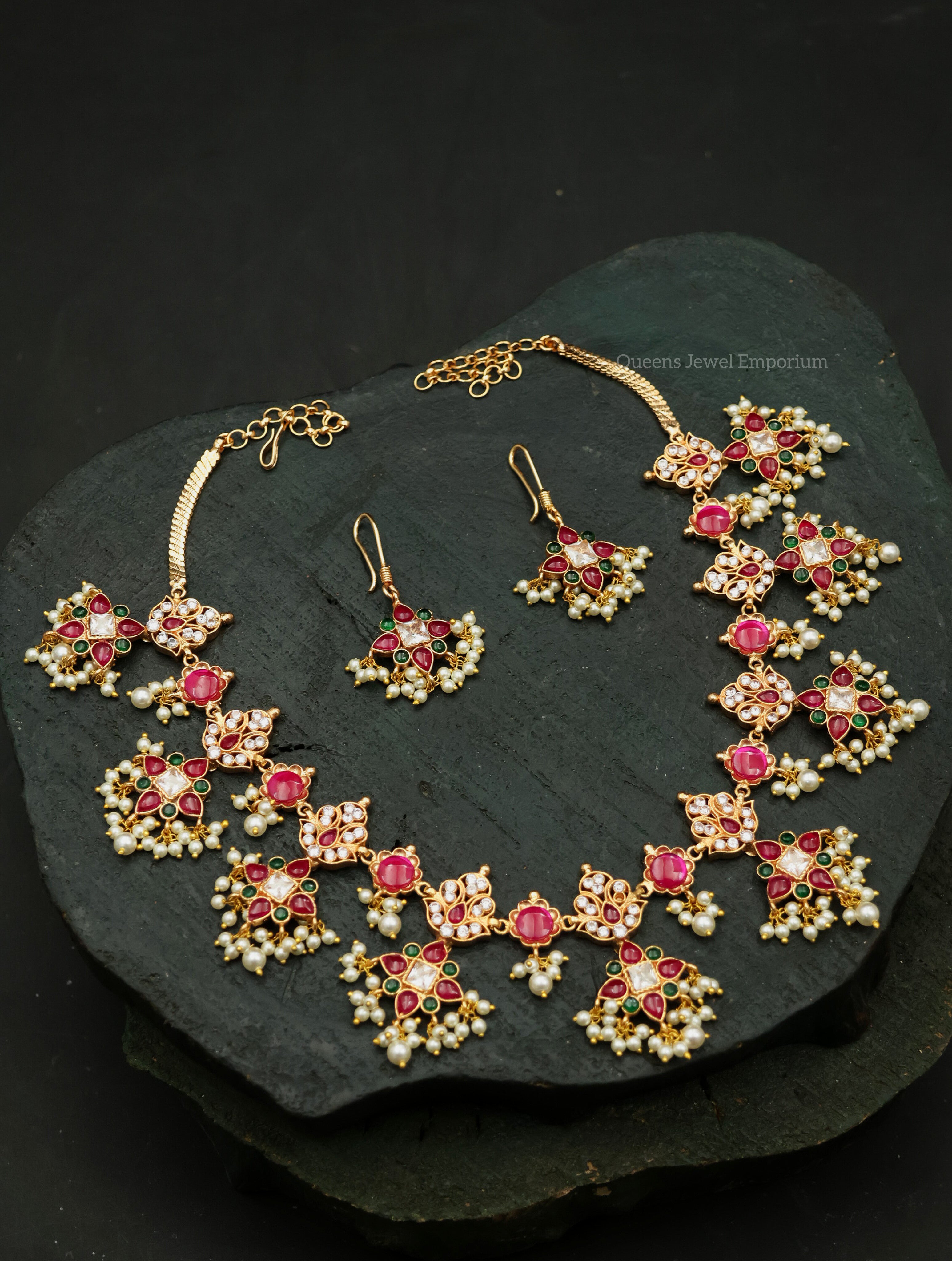 Earrings with pearls-Mid length haram with pearls