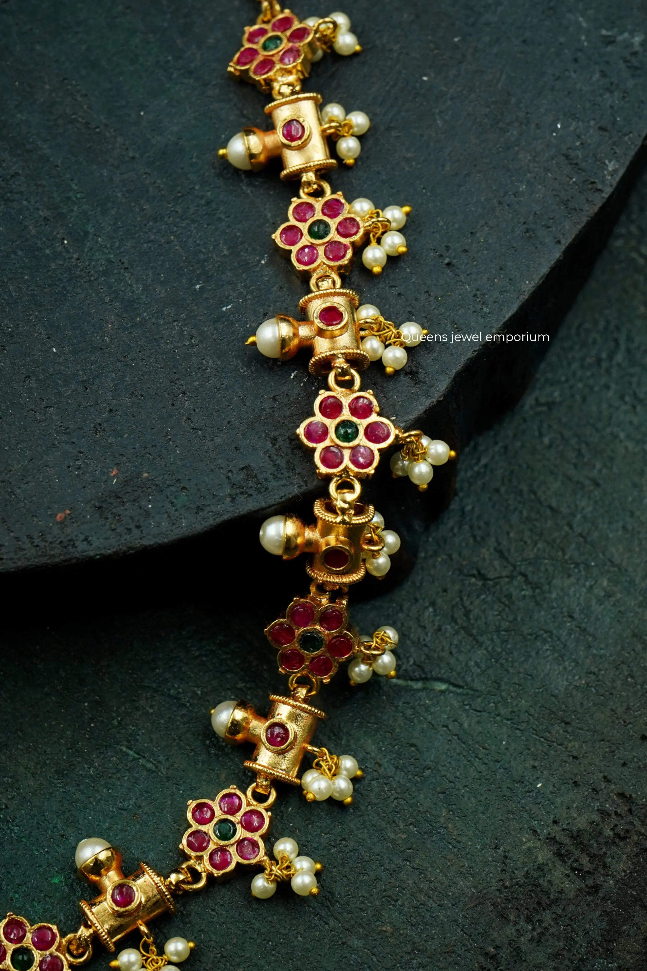 Floral motif haram-Pink color stoned jewellery