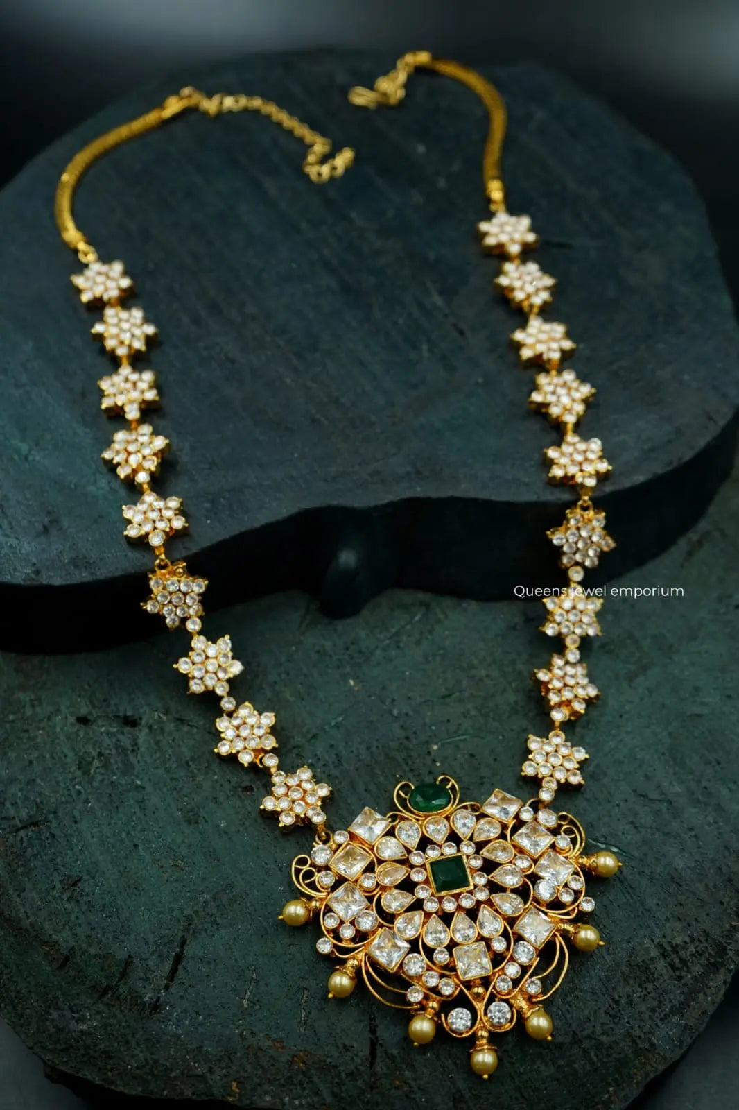 Traditional floral zircon jewellery-White square stone pendant-Bridal white stone jewellery