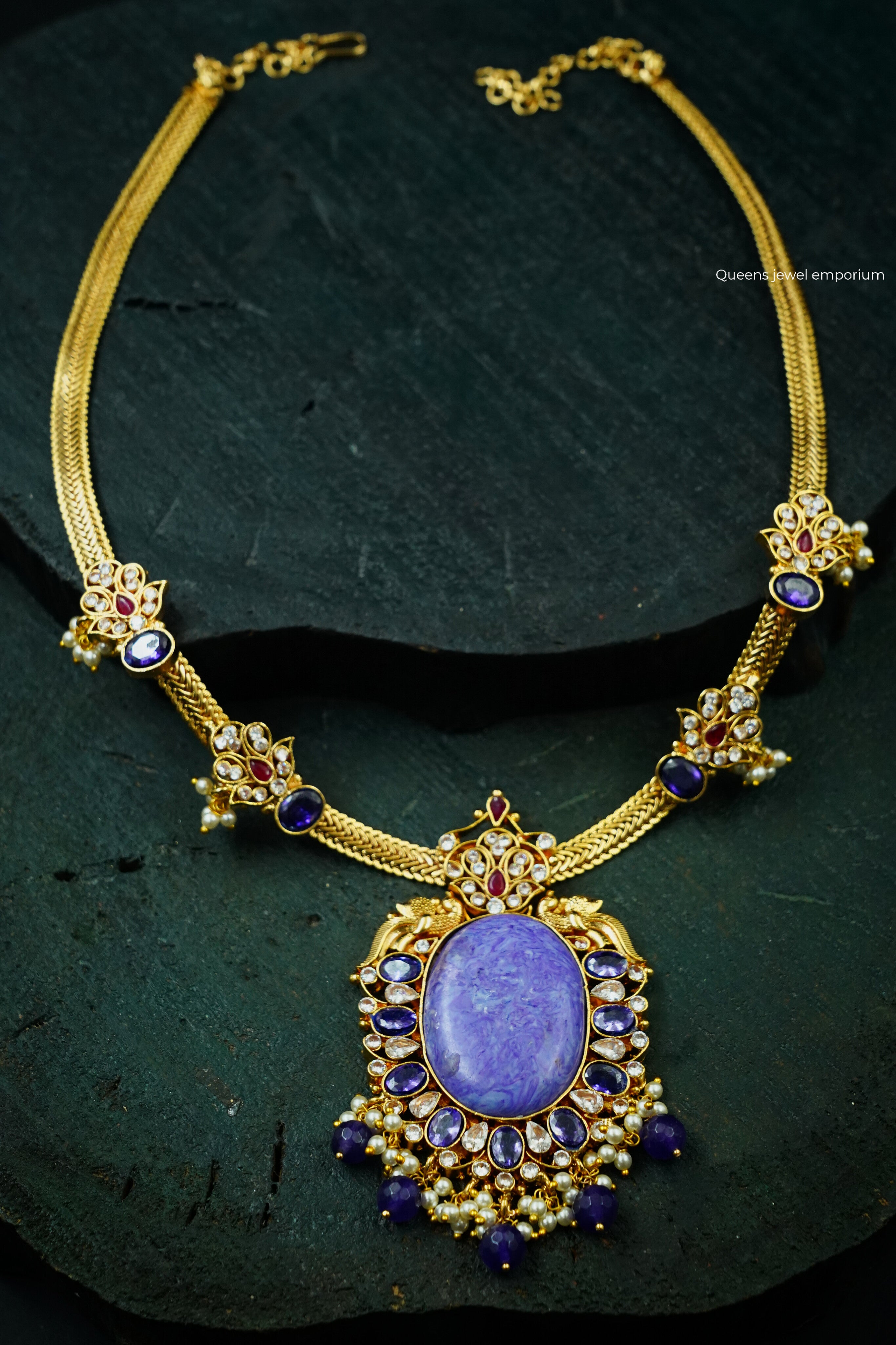 Gold plated white zircon stone necklace-Purple bead pendant hangings
