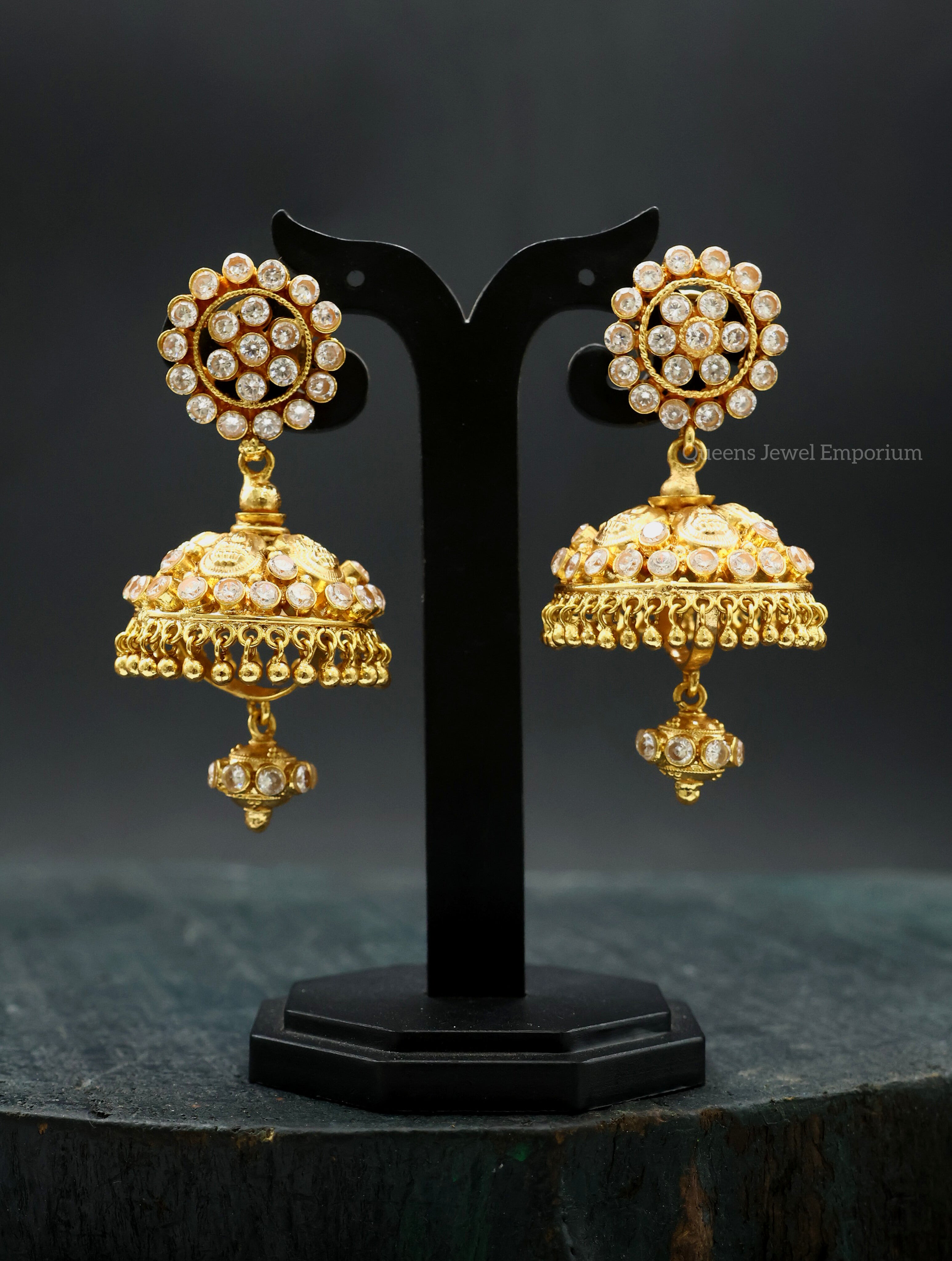 Bridal gold plated white stone jhumka-Traditional white stone jhumka