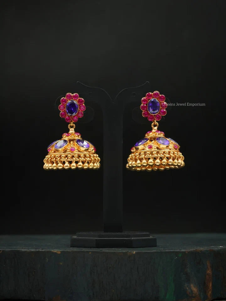 Jhumka with violet and pink stones-Floral stud with jhumka