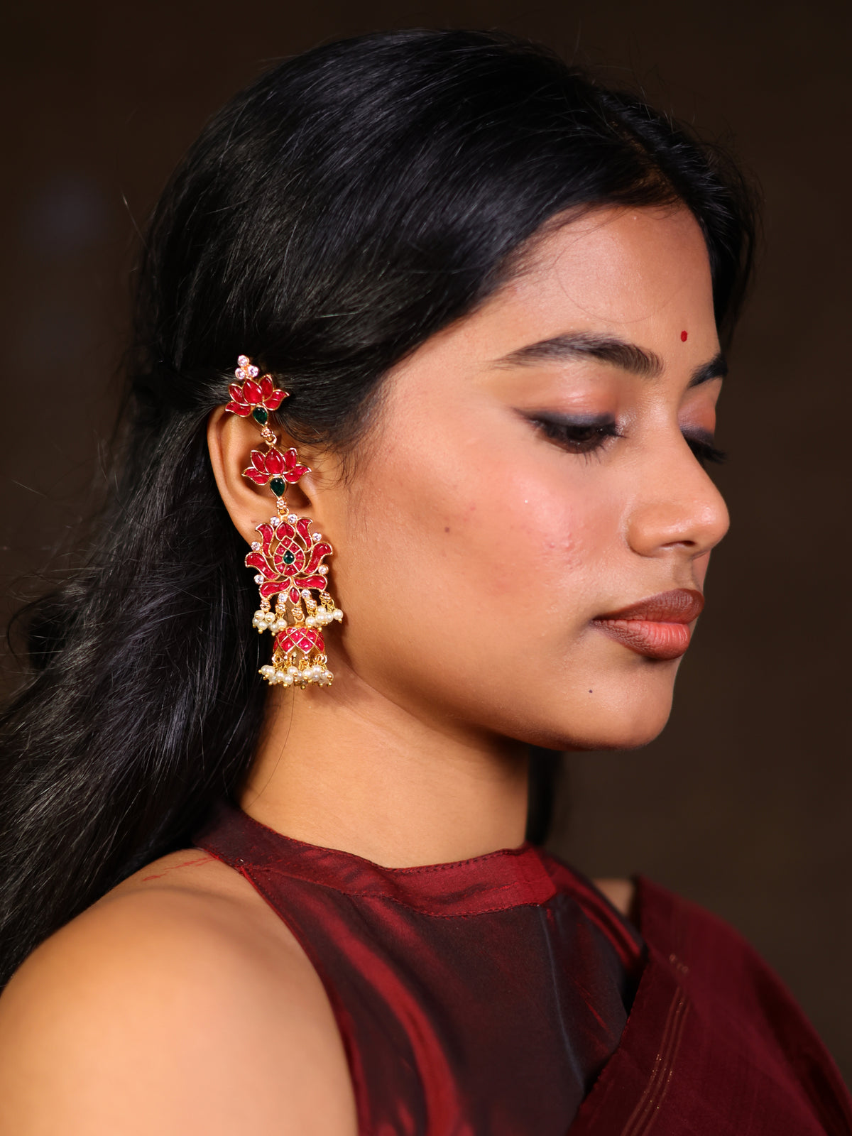 Vintage lotus motif ear set-Classic jhumka and mattal