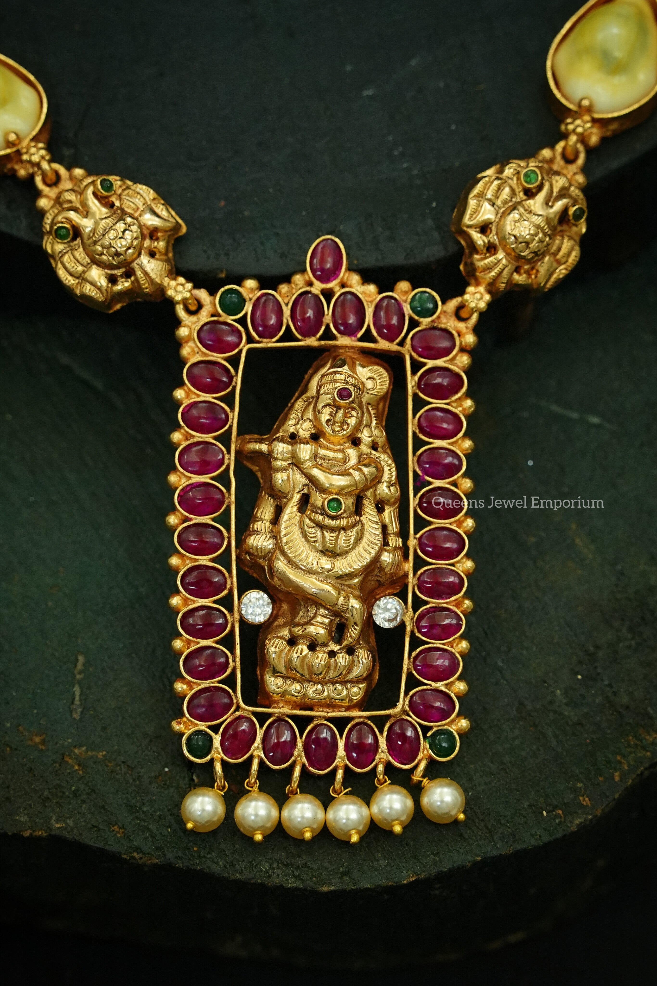 Pearl drops jewellery-Red color stone jewellery